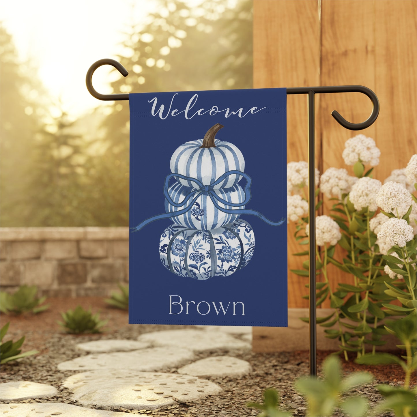 Blue Floral Pumpkin Welcome garden flag | House Banner