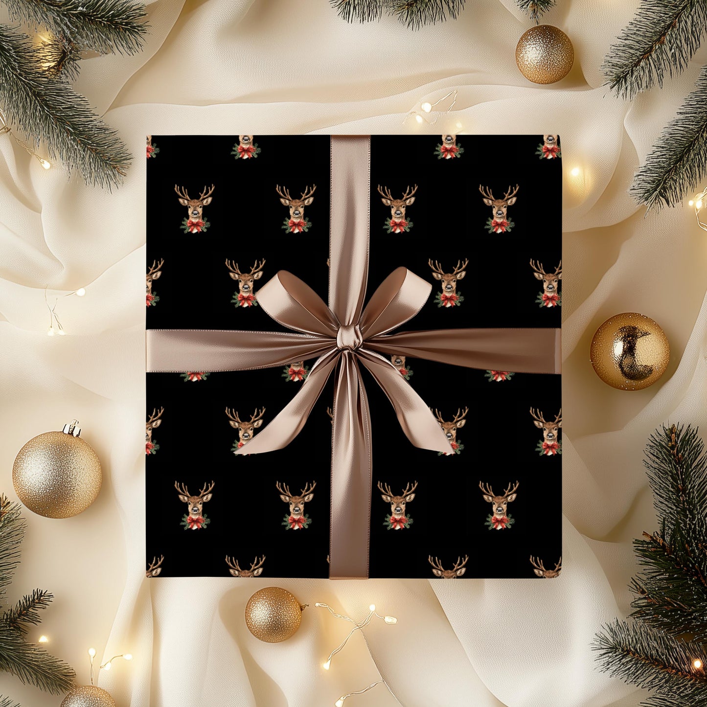 Black Reindeer Christmas Gift Wrap – Modern Neutral Holiday Wrapping Paper