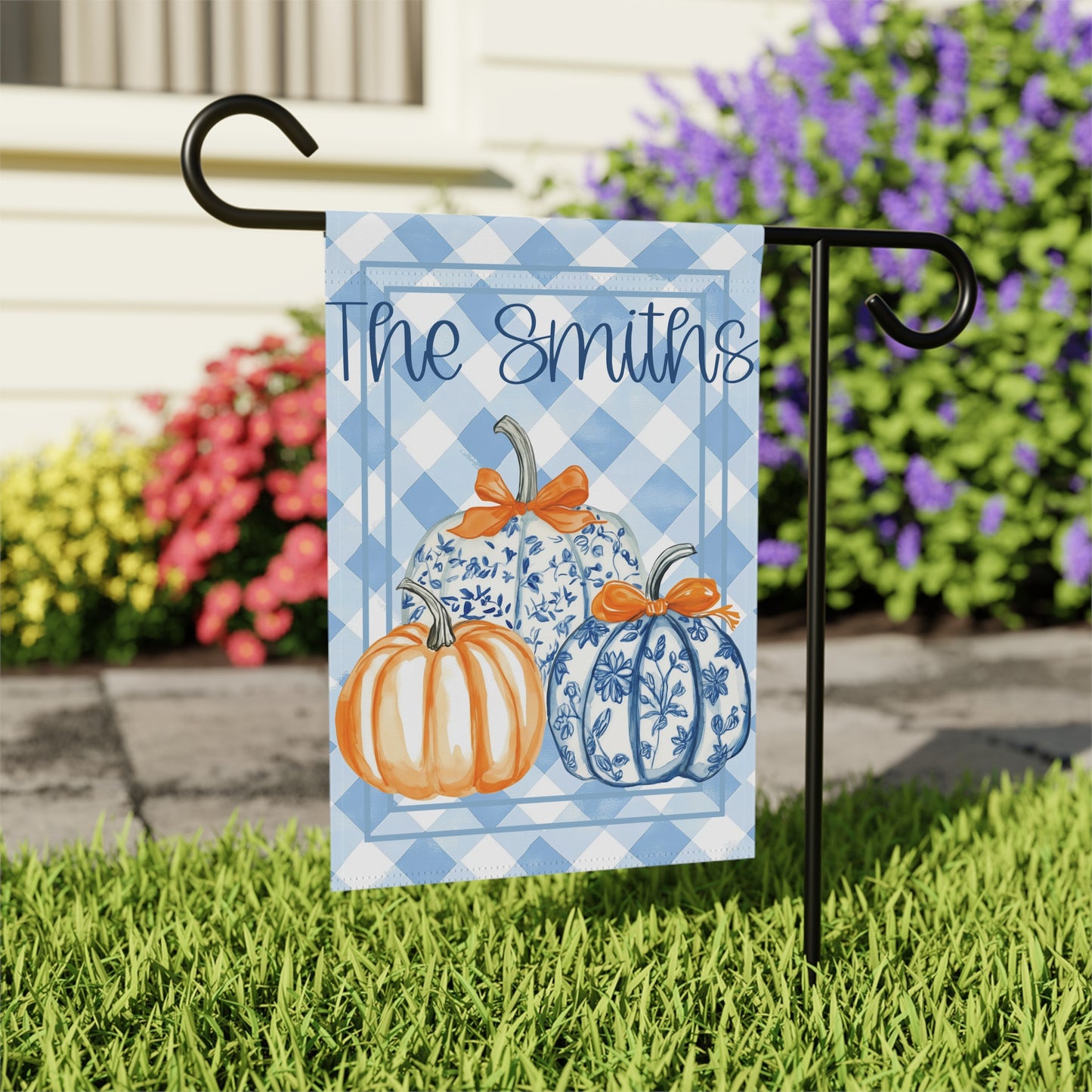 Blue Gingham Pumpkins Garden Banner | House Flag