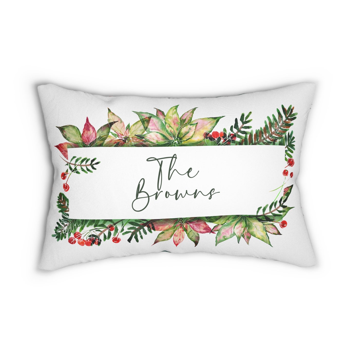 Personalized Holiday Wreath Lumbar Pillow | Plaid Back