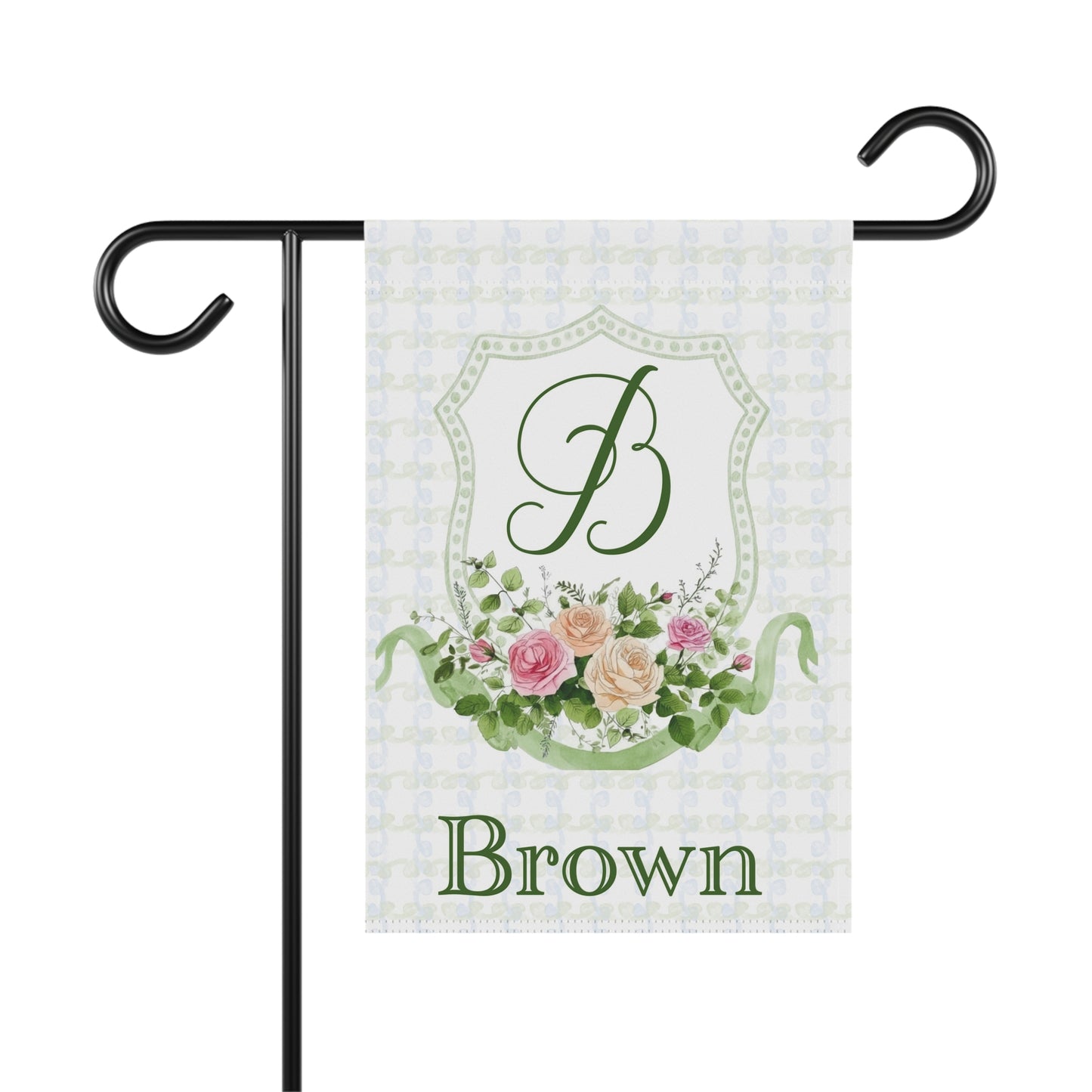 Personalized Green and Pink Floral Monogram Crest Garden Flag
