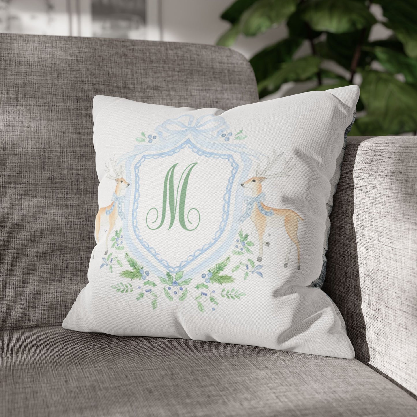Monogram M Crest Pillowcase, Deer Wreath Accent Pillowcase