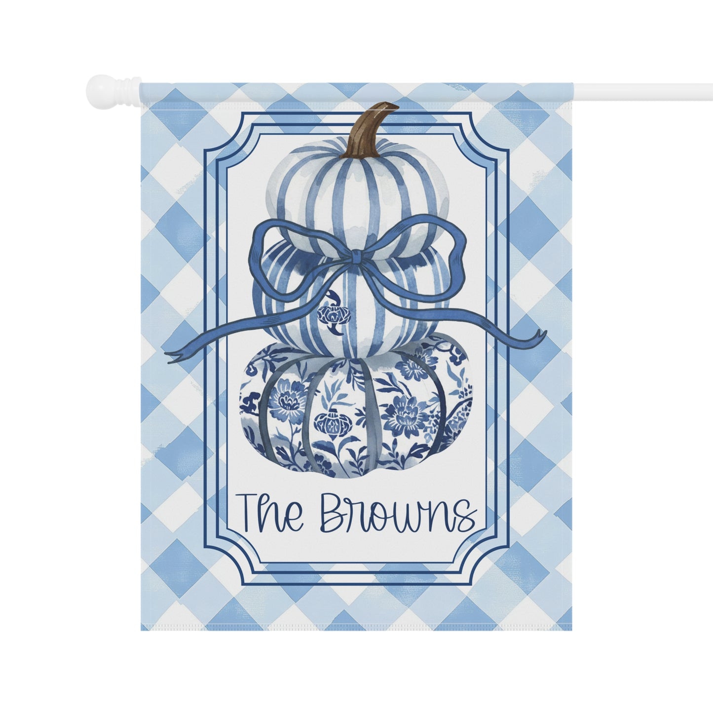 Blue Gingham Pumpkin with Bow Garden Flag | House Banner