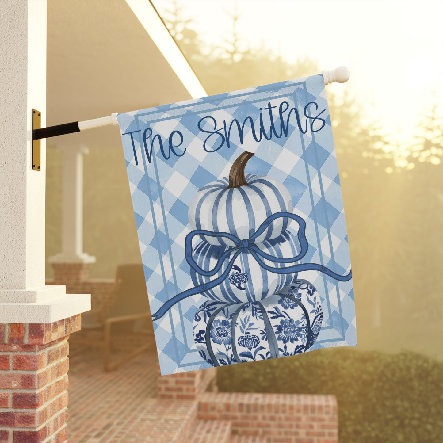 Blue Gingham Pumpkin Stack Garden & House Banner | Personalized Name