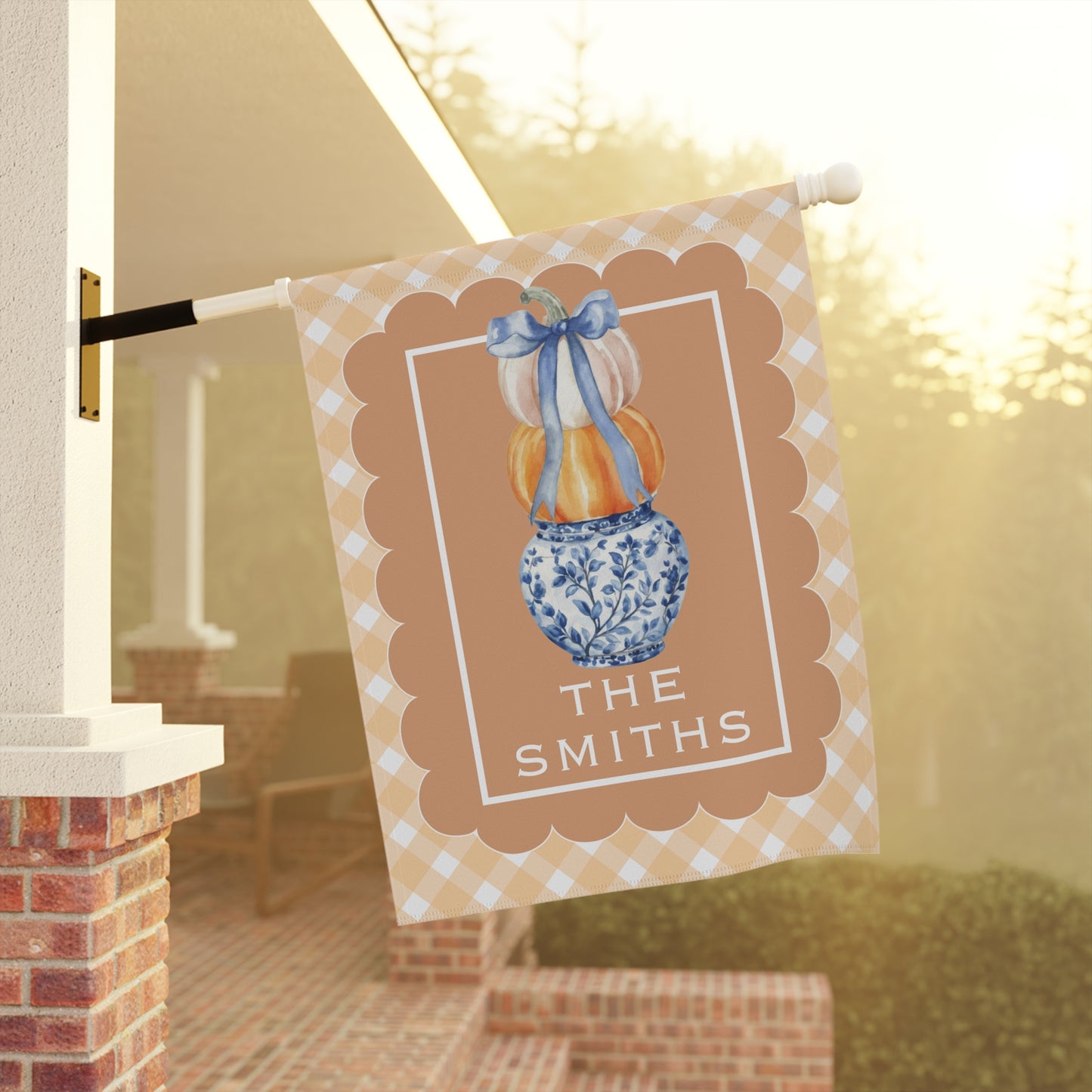 Stacked Pumpkins in Blue Vase Garden Flag | House Banner, Personalized Name