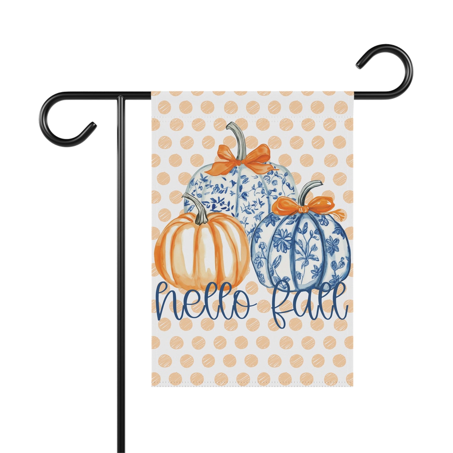 Hello Fall Pumpkin Garden Flag | Polka Dot Blue Orange Fall Yard Banner