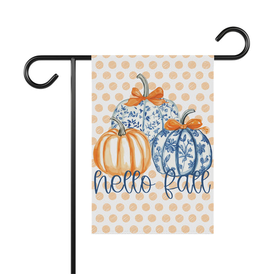 Hello Fall Pumpkin Garden Flag | Polka Dot Blue Orange Fall Yard Banner