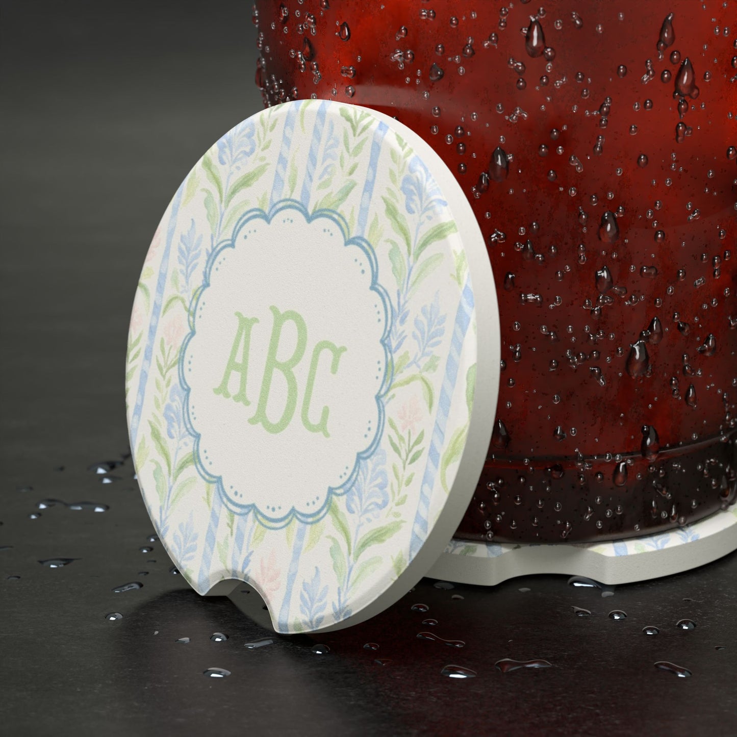 Floral Monogram Car Coaster | Soapstone Car Coaster