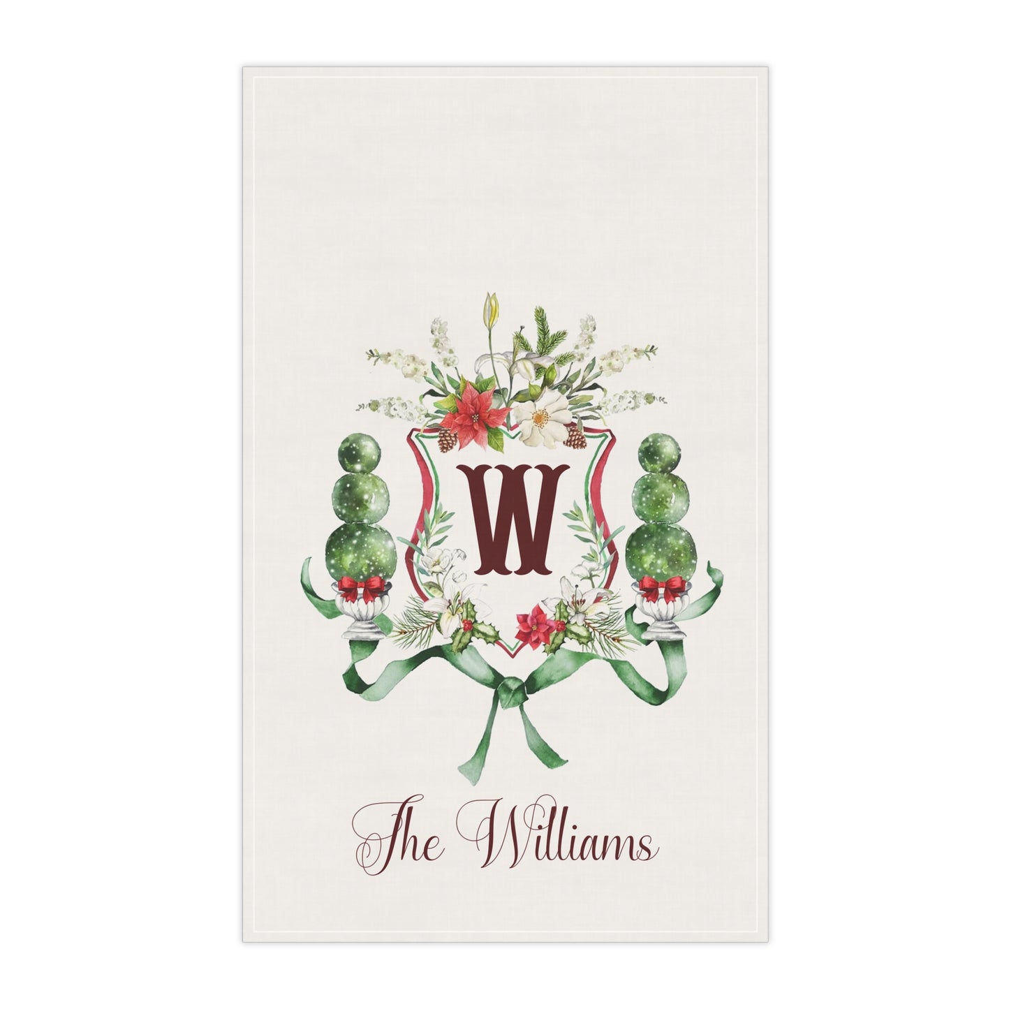 Monogram W Crest Holiday Floral Tea Towel | Personalized Name