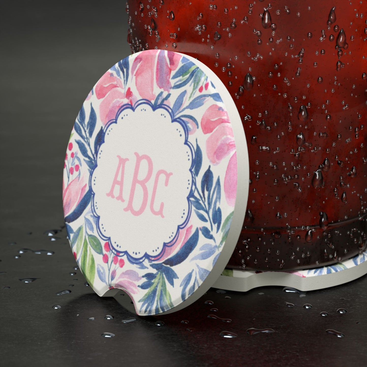 Floral Monogram Car Coaster Soapstone | Personalized Initials Car Coaster