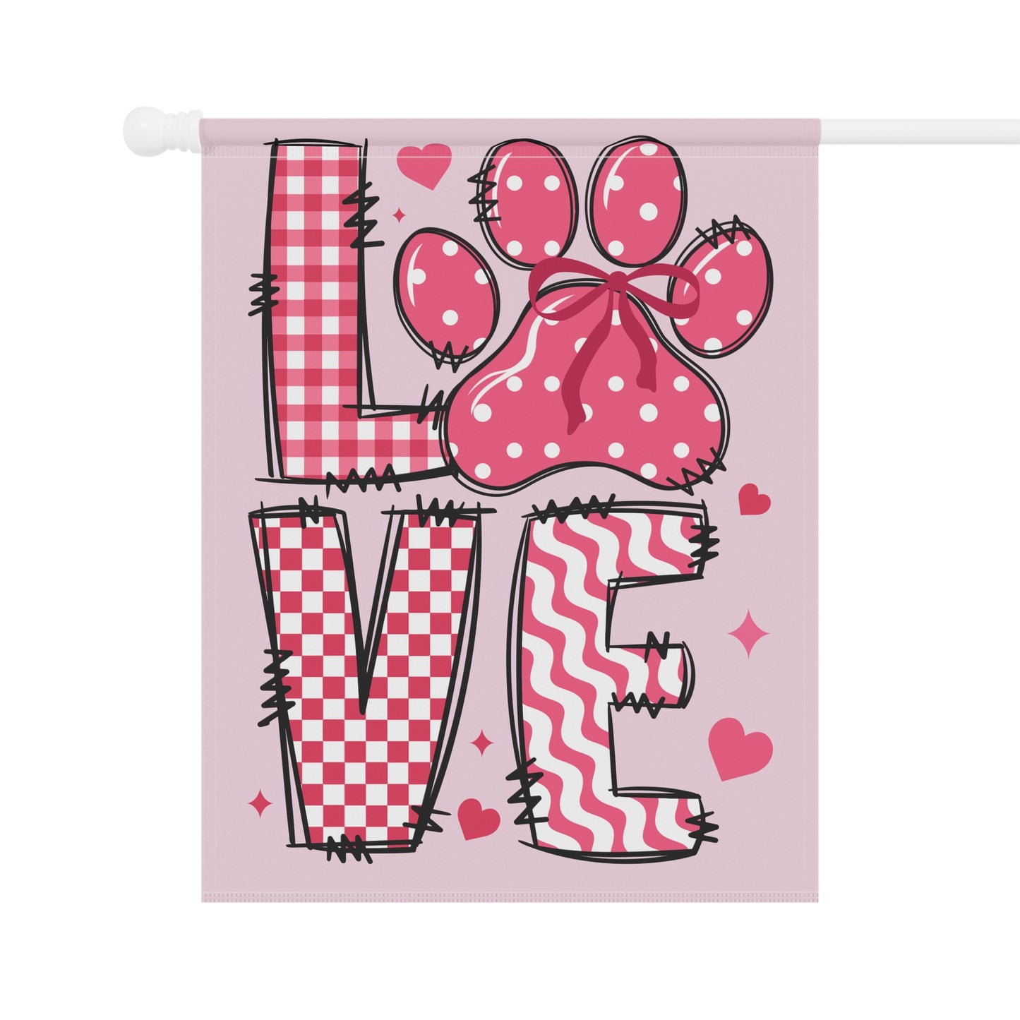 dog paw print LOVE Valentines garden flag with pink hearts and gingham letters on pale pink background