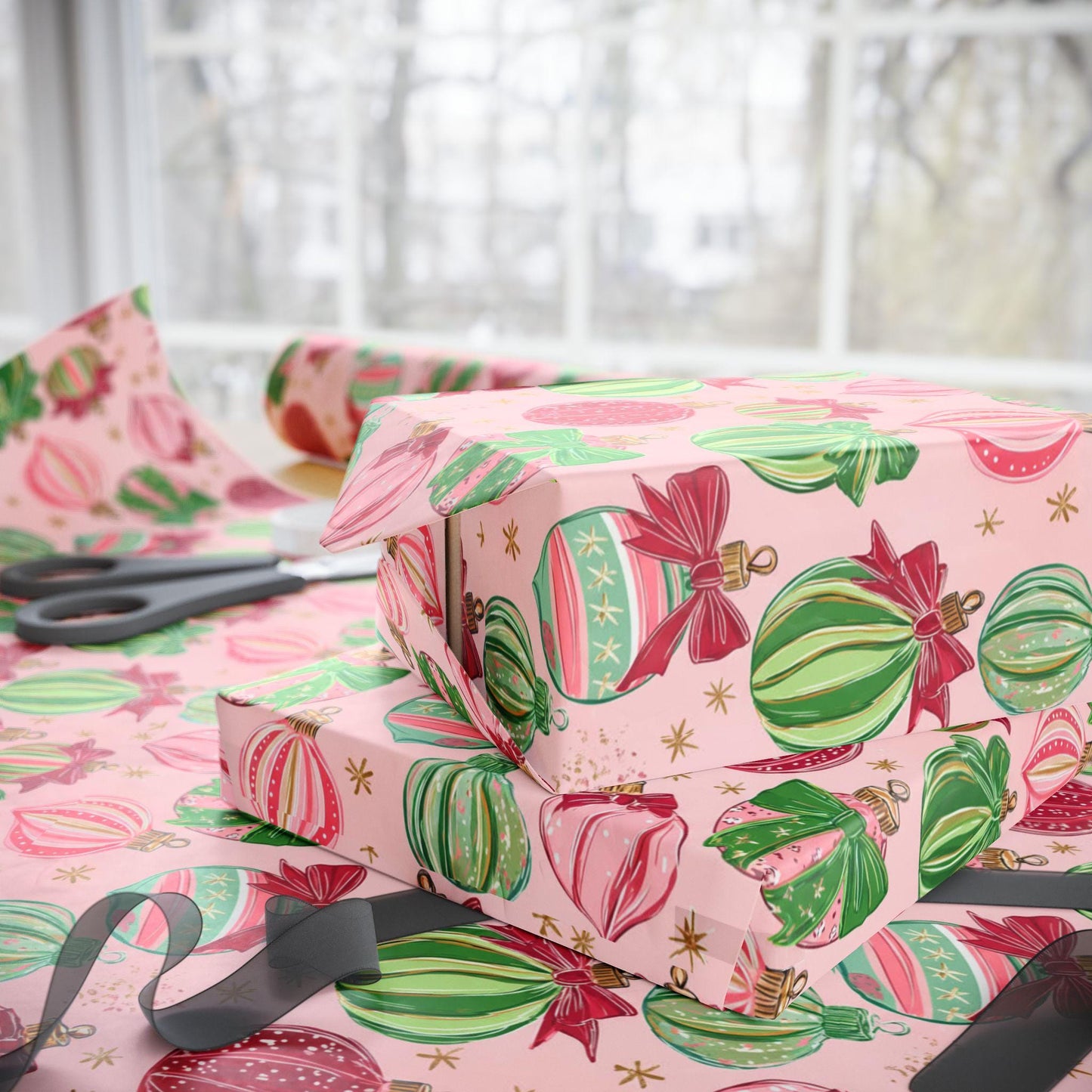 Pink & Green Baubles Christmas Gift Wrap