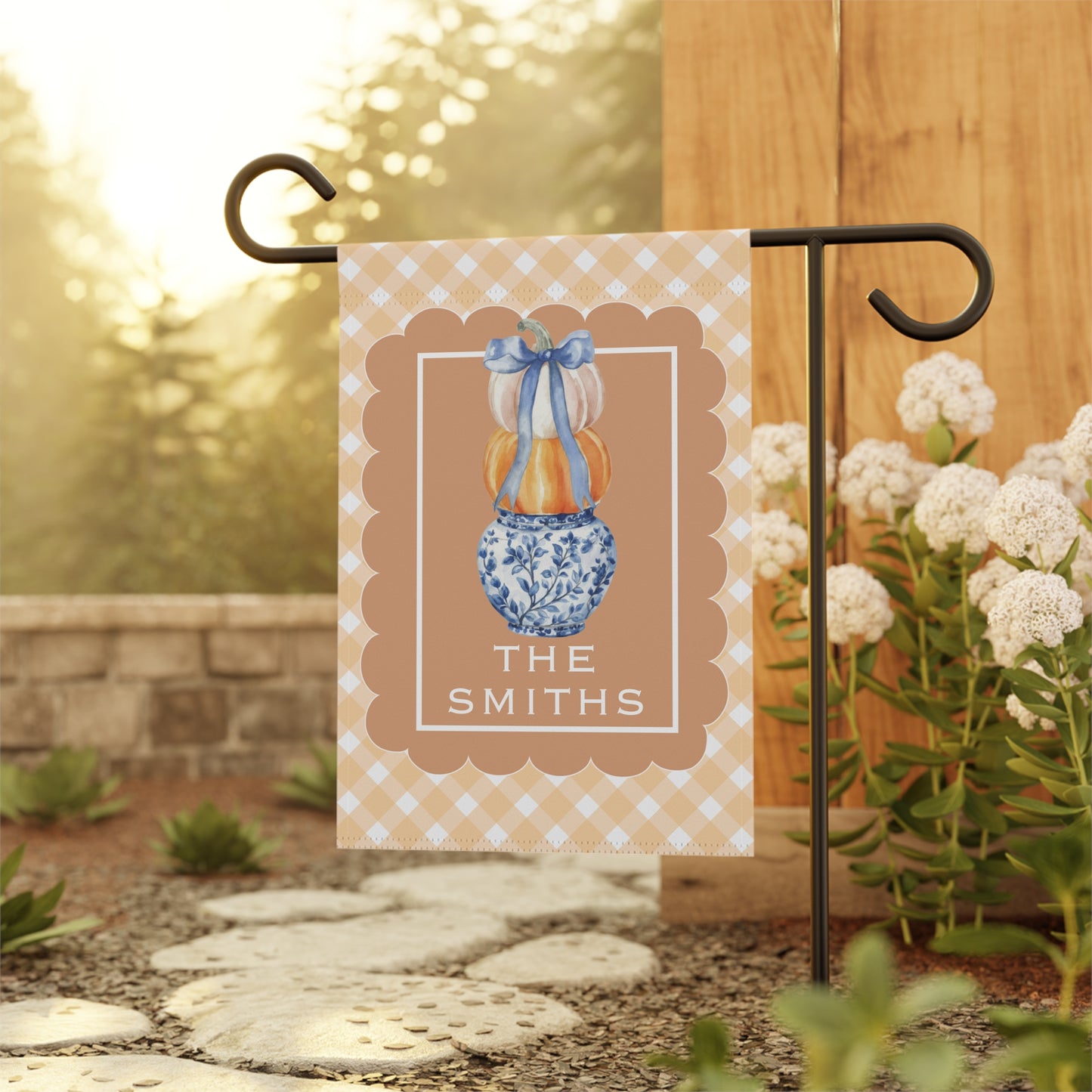 Stacked Pumpkins in Blue Vase Garden Flag | House Banner, Personalized Name