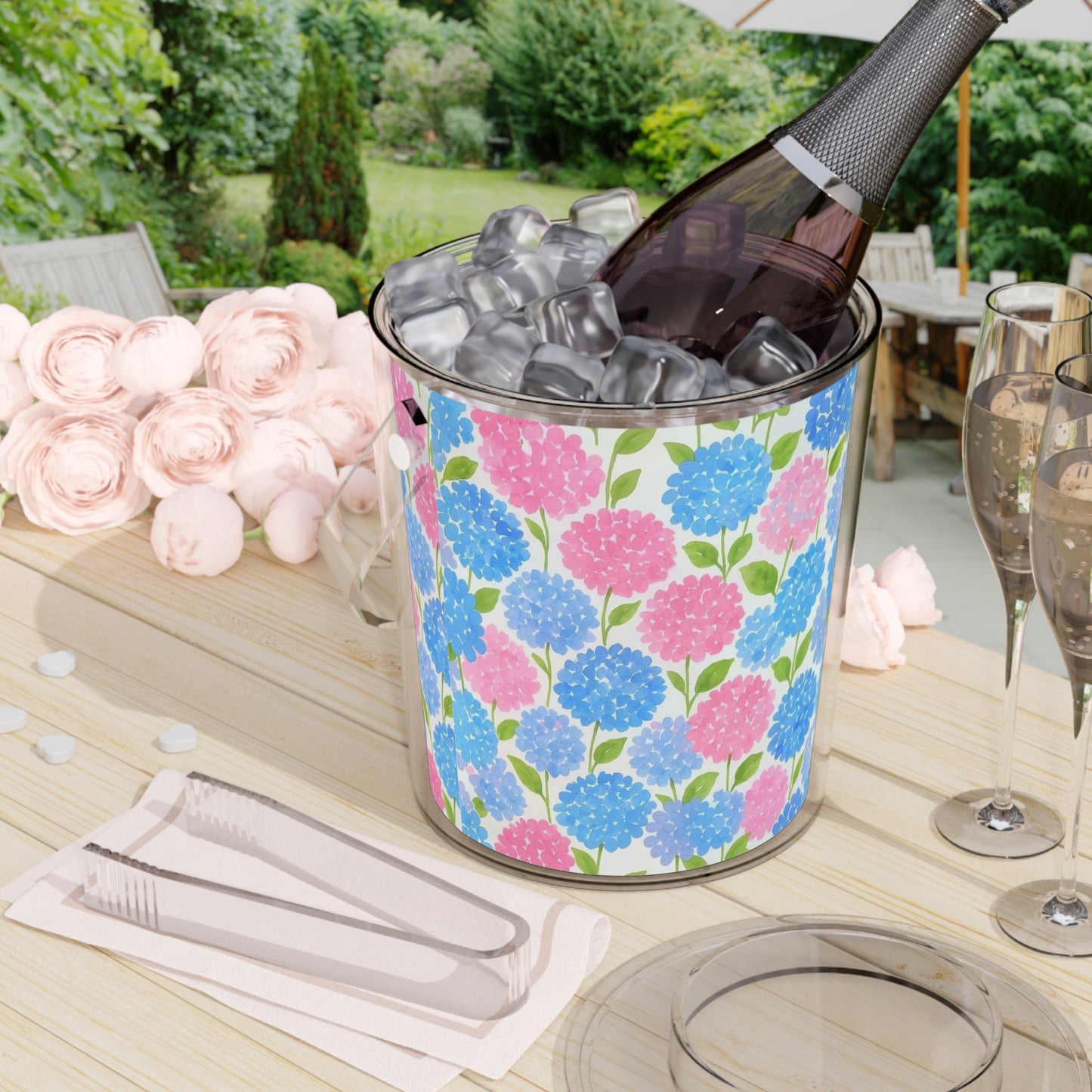 Hydrangea Pattern Ice Bucket with Tongs