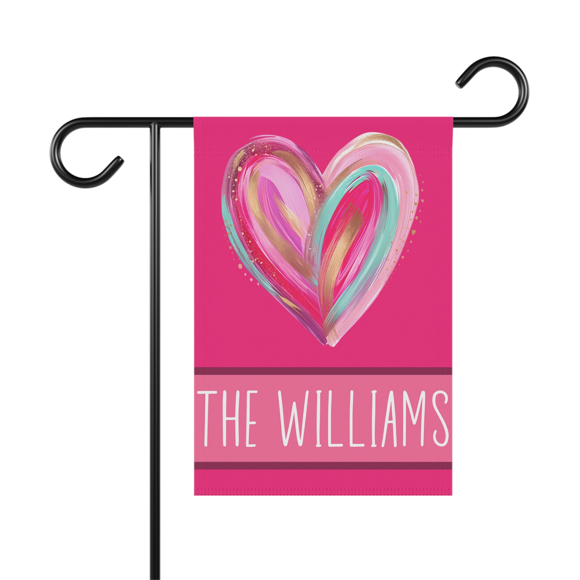 bright pink personalized heart garden flag with brushstroke heart artwork and custom family name bar at bottom