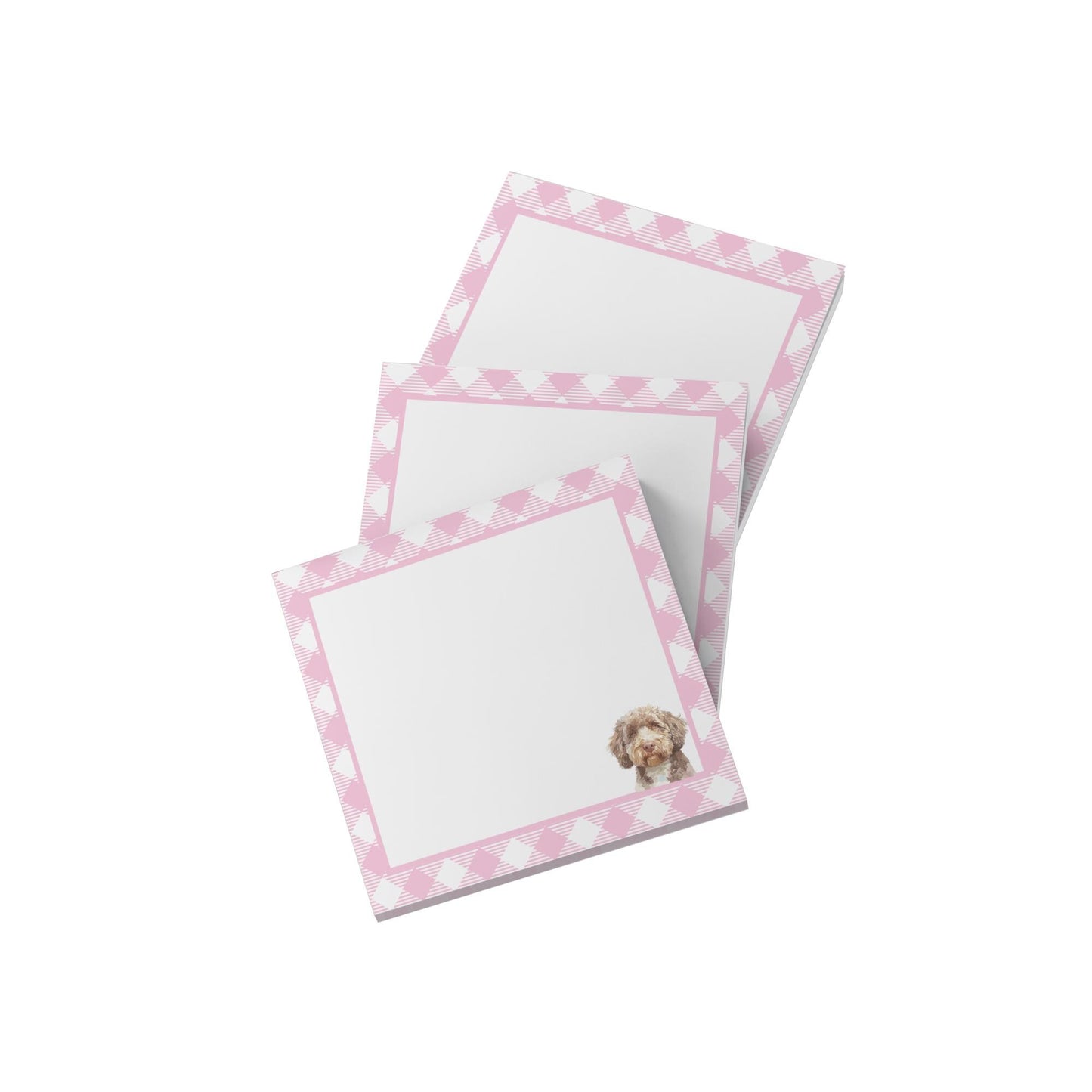 dog lover sticky notes with pink plaid border and cute labradoodle illustration in bottom right corner