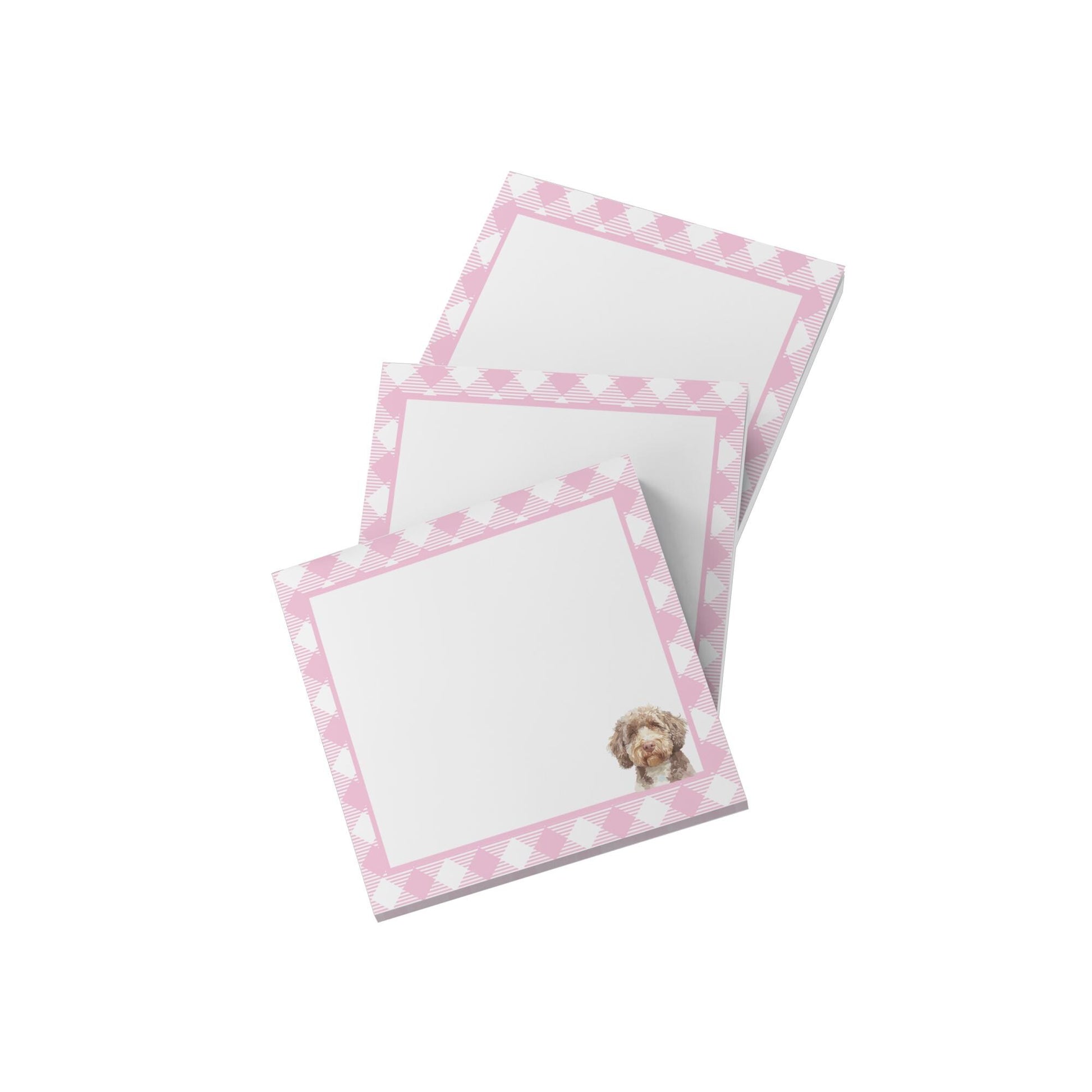 dog lover sticky notes with pink plaid border and cute labradoodle illustration in bottom right corner
