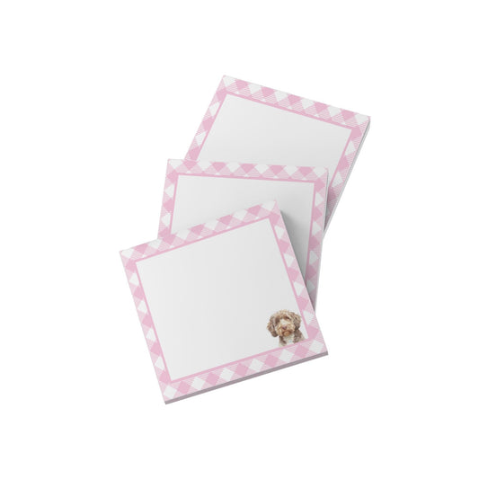 dog lover sticky notes with pink plaid border and cute labradoodle illustration in bottom right corner