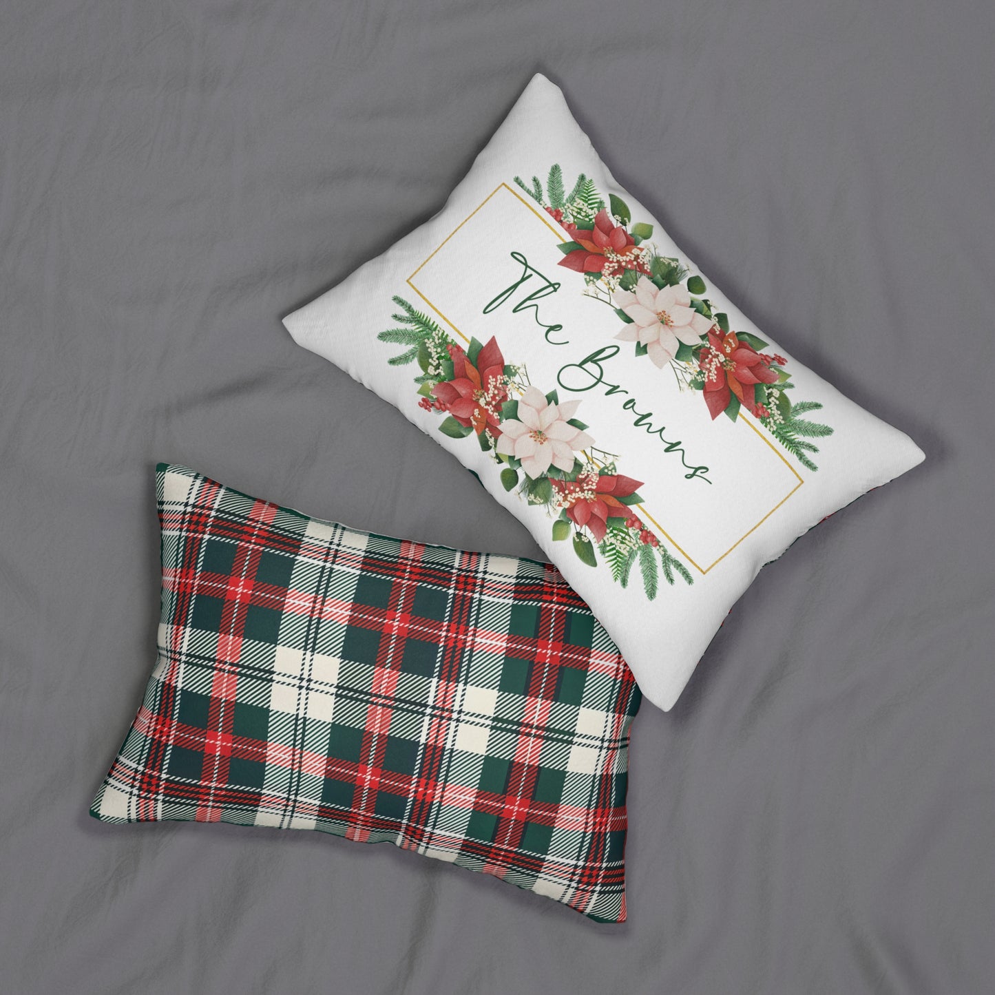Personalized Poinsettia Wreath Lumbar Pillow | Christmas Plaid Back