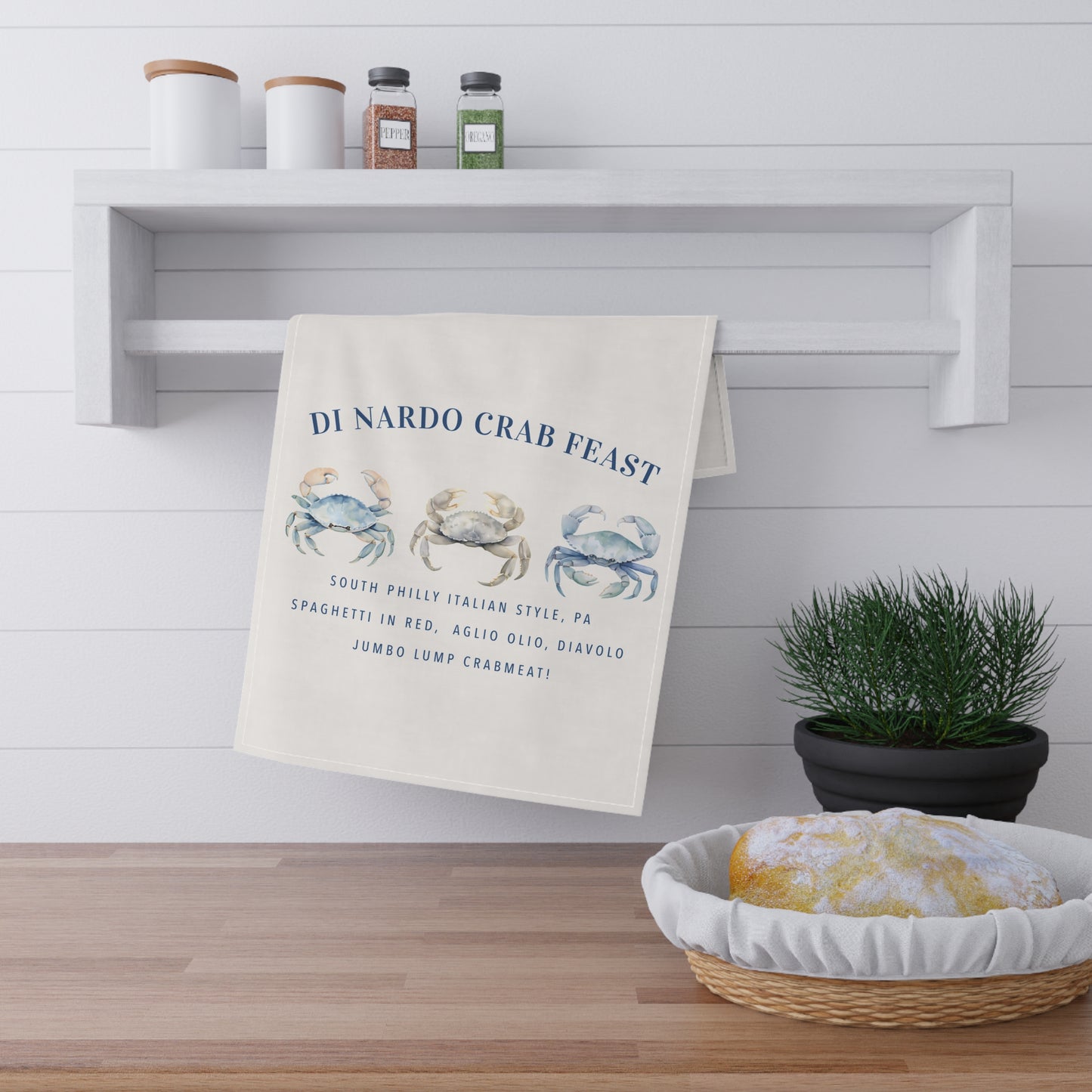 Di Nardo Crab Feast Crab Tea Towel | Coastal Seafood Kitchen Towel