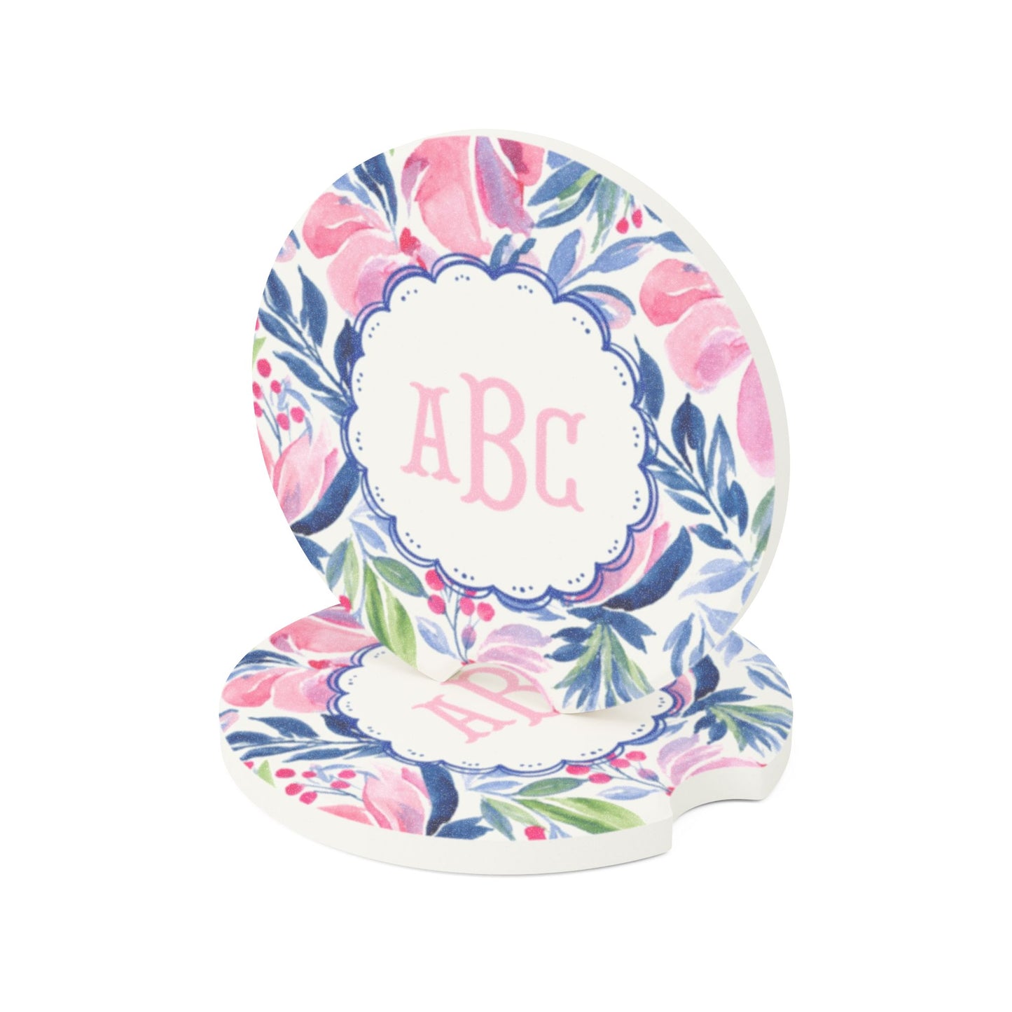 Floral Monogram Car Coaster Soapstone | Personalized Initials Car Coaster