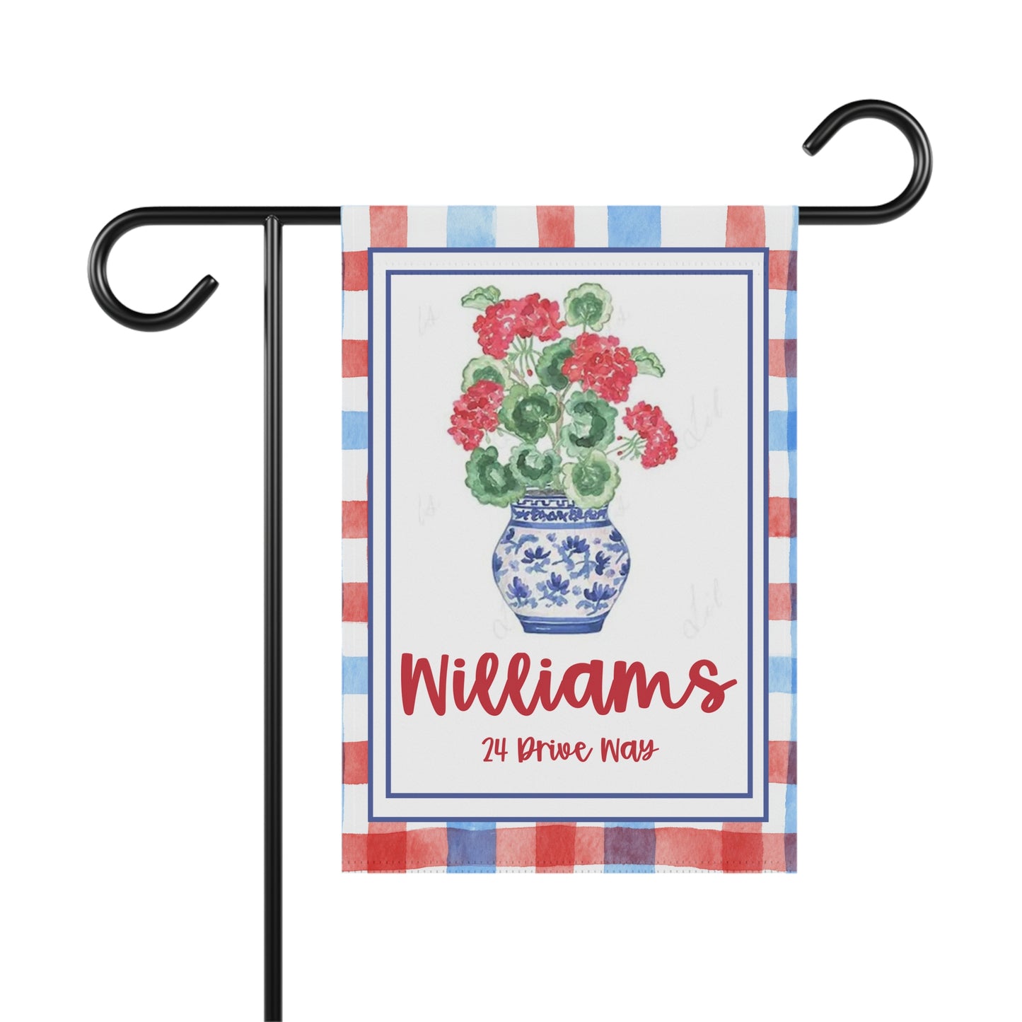 Personalized Red Geranium Garden Flag with Name & Address