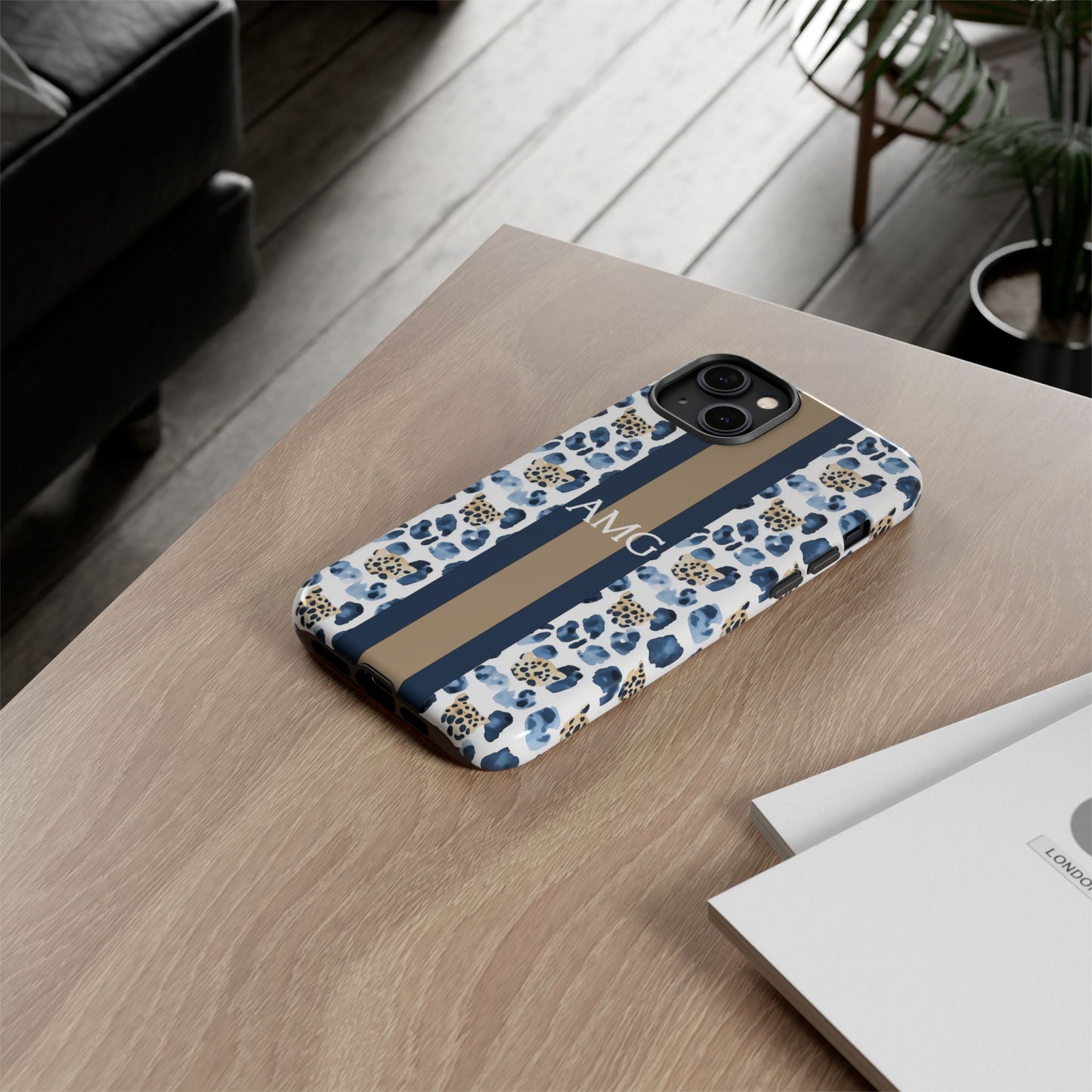 Blue Leopard Monogram Phone Case