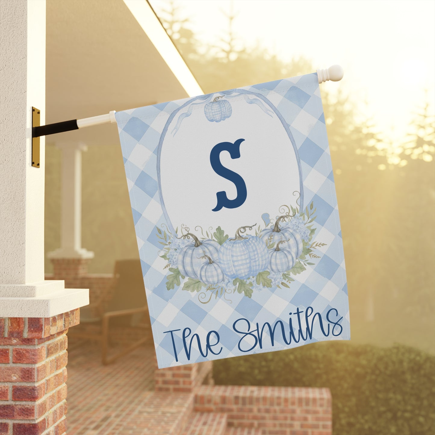 Blue Gingham Monogram S Garden Flag | Personalized House Banner