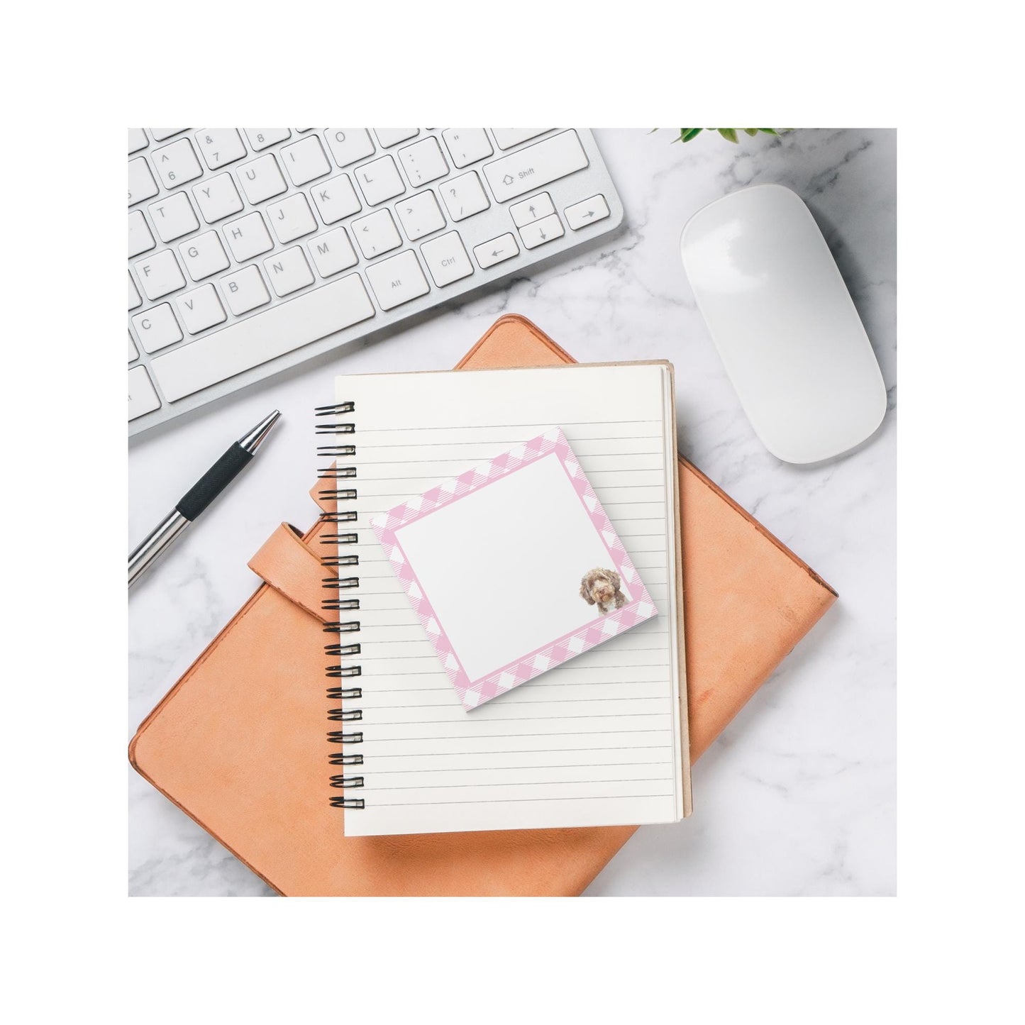 dog lover sticky notes with pink plaid border and cute labradoodle illustration in bottom right corner