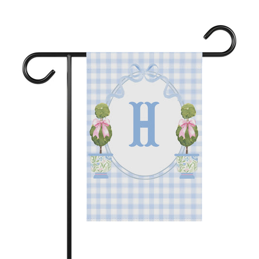 Personalized Monogram Garden Flag with Topiary, Preppy Spring Garden Flag, Custom Initial Yard Flag, Cottagecore Floral Decor, Blue Bow Flag