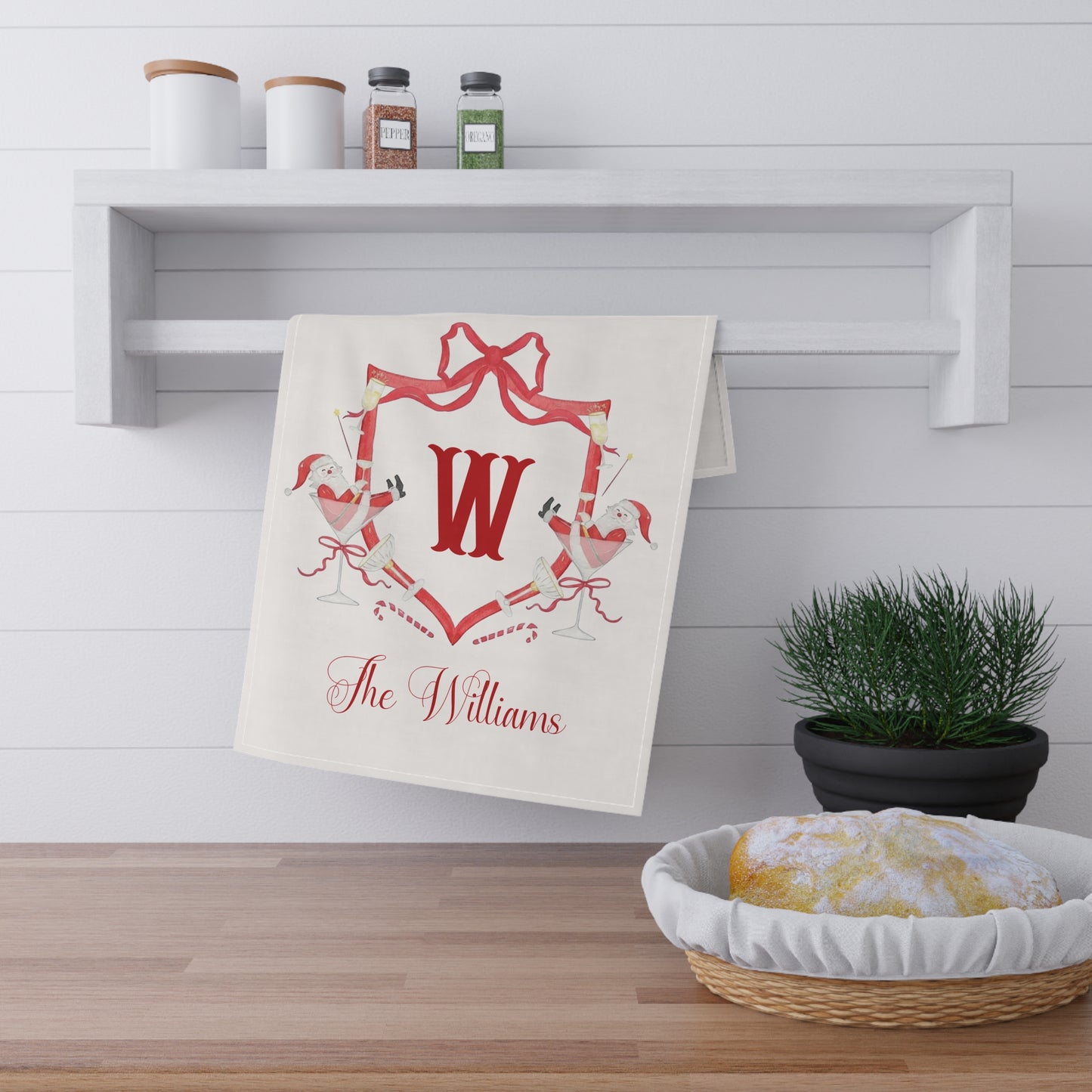 Monogram W Crest Tea Towel | Personalized Family Name Kitchen Towel