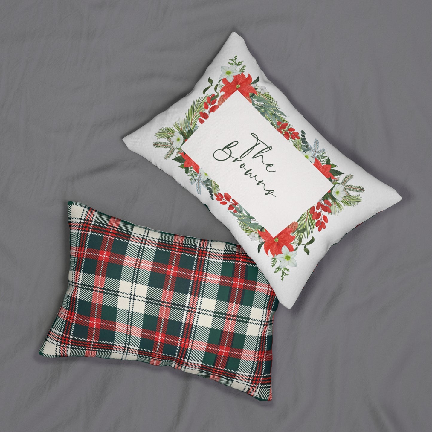 Christmas Floral Wreath Lumbar Pillow | Plaid Back