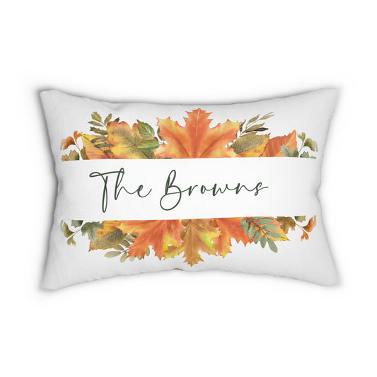 Personalized Fall Lumbar Pillow — "The Browns" Autumn Leaf Accent