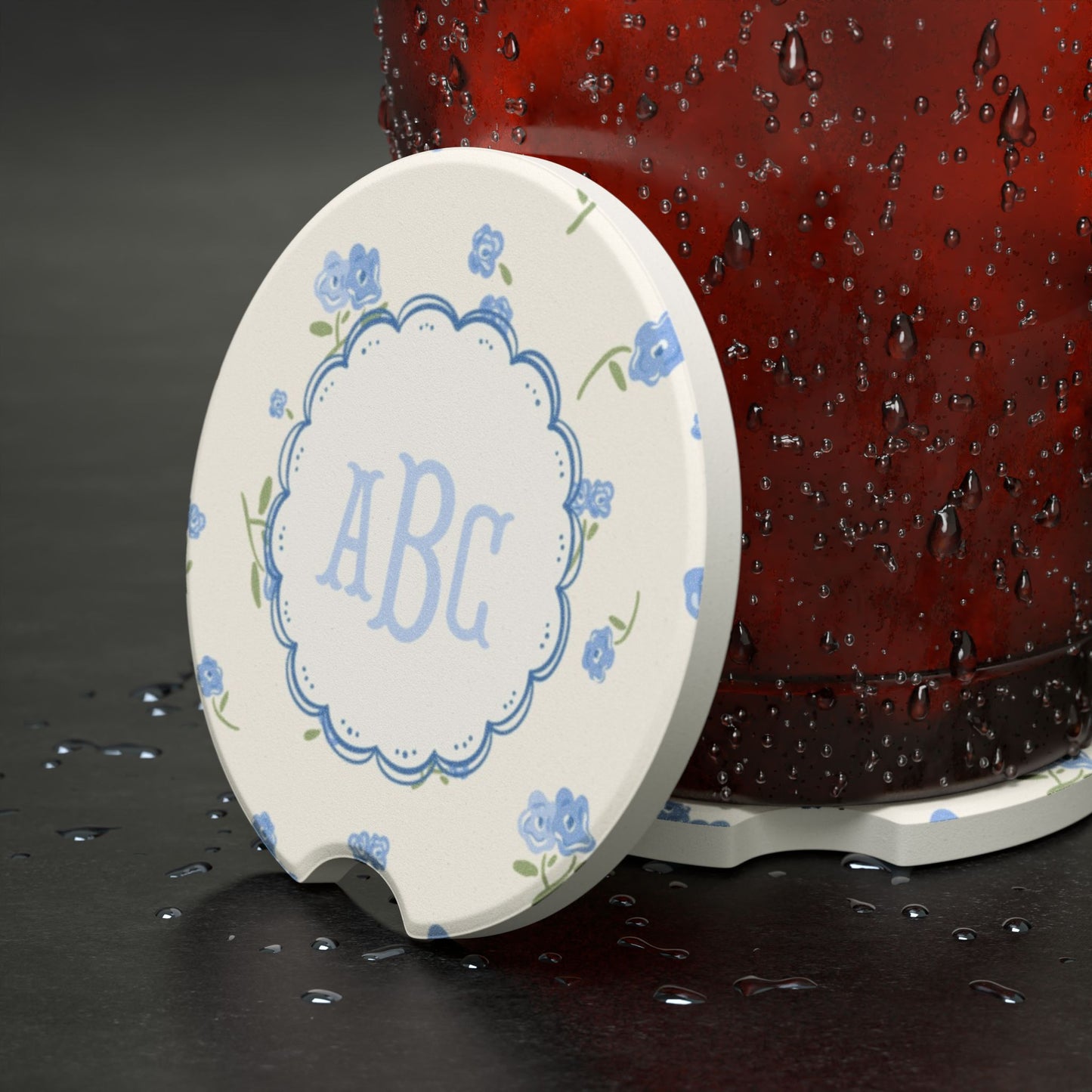 Blue Floral Monogram Car Coaster | Soapstone Drink Holder