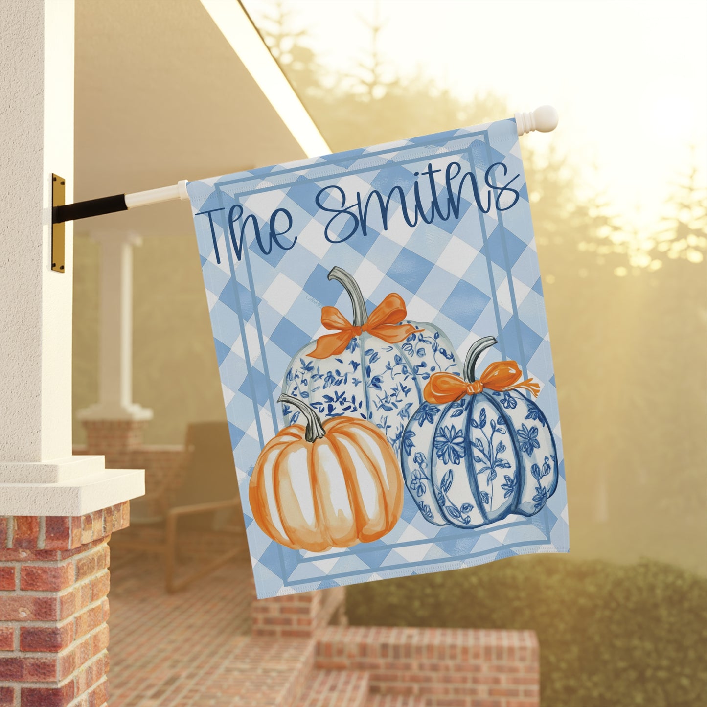Blue Gingham Pumpkins Garden Banner | House Flag
