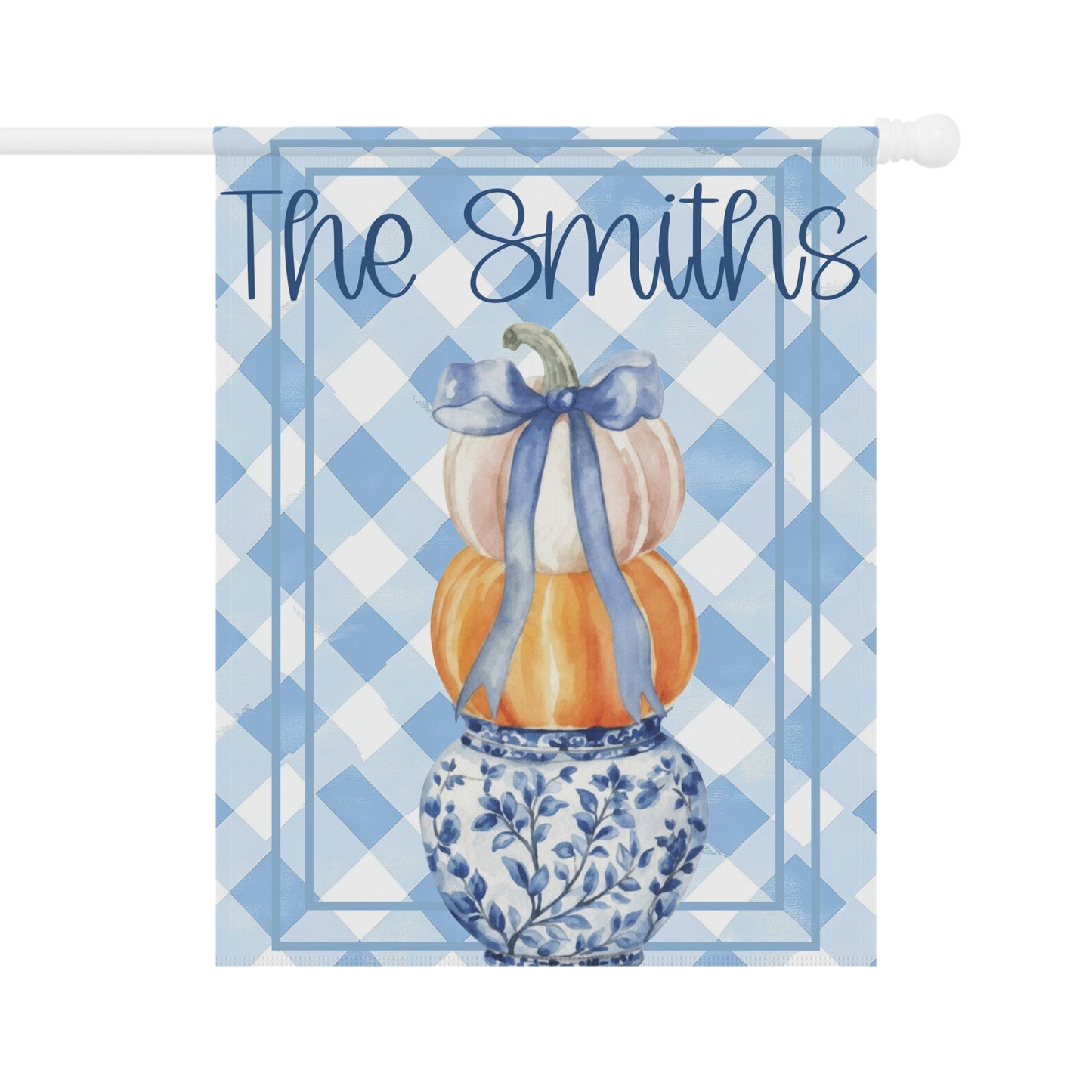 Blue Gingham Pumpkin Stack Garden Flag | Garden Banner