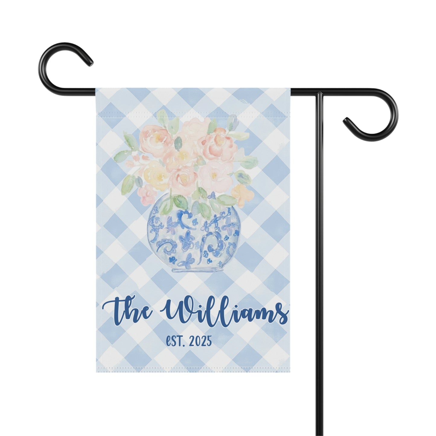 Personalized Blue Gingham Floral Vase Garden Flag