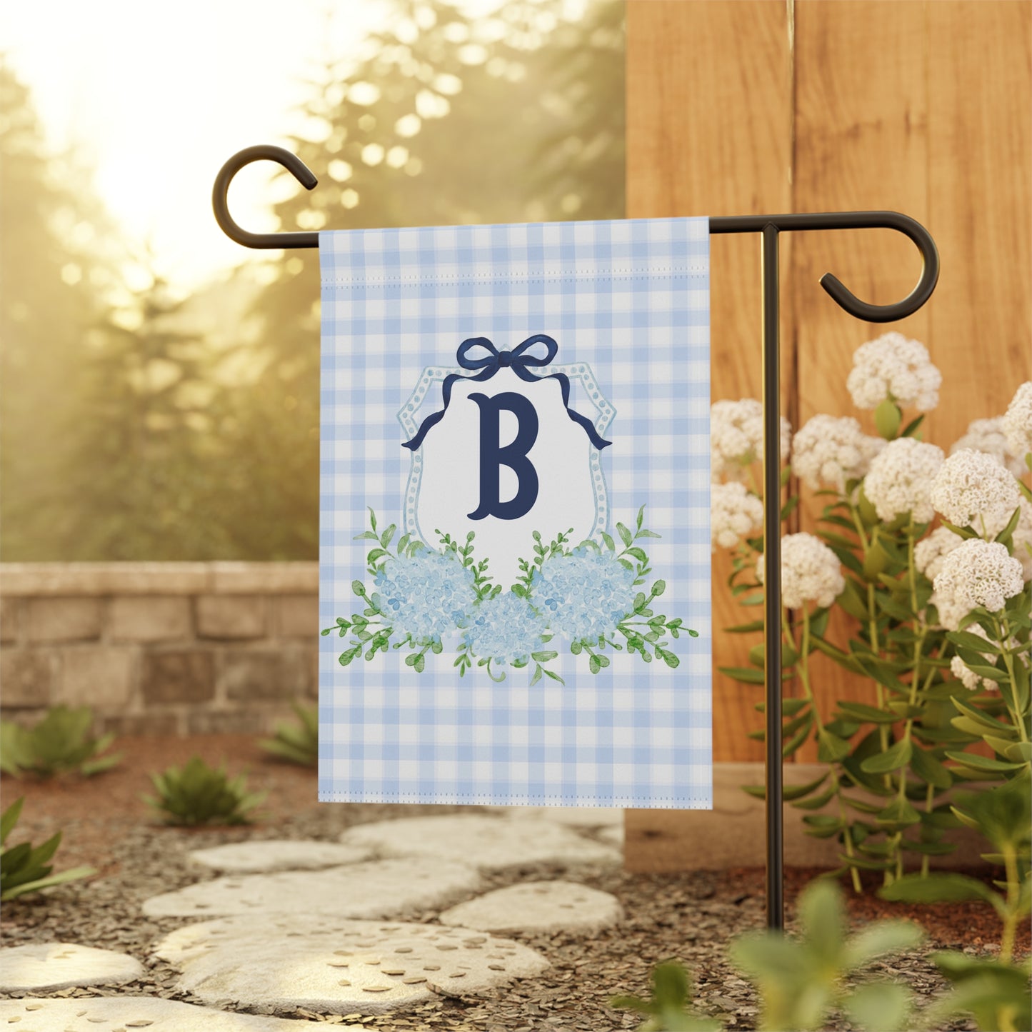 Blue Gingham Hydrangea Monogram Garden Flag