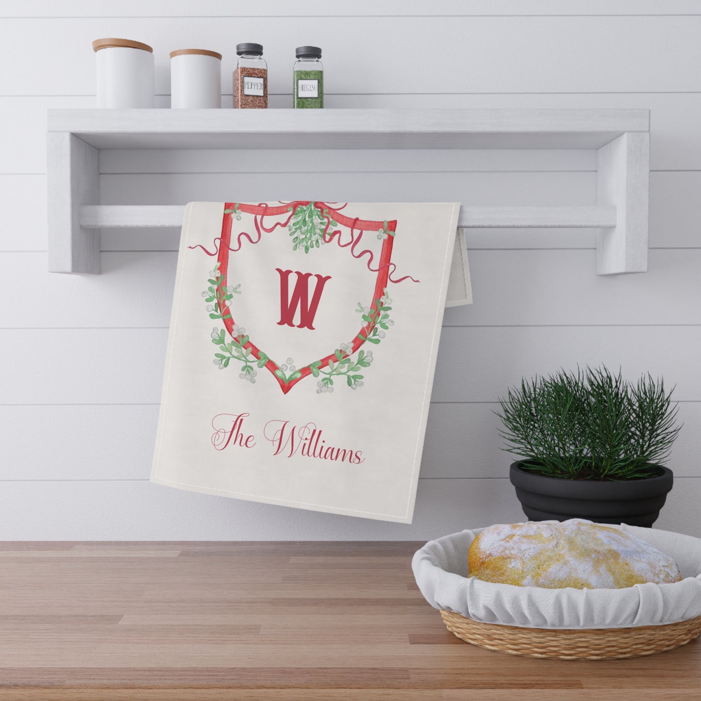 Monogram W Wreath Tea Towel | Personalized Initial Kitchen Towel