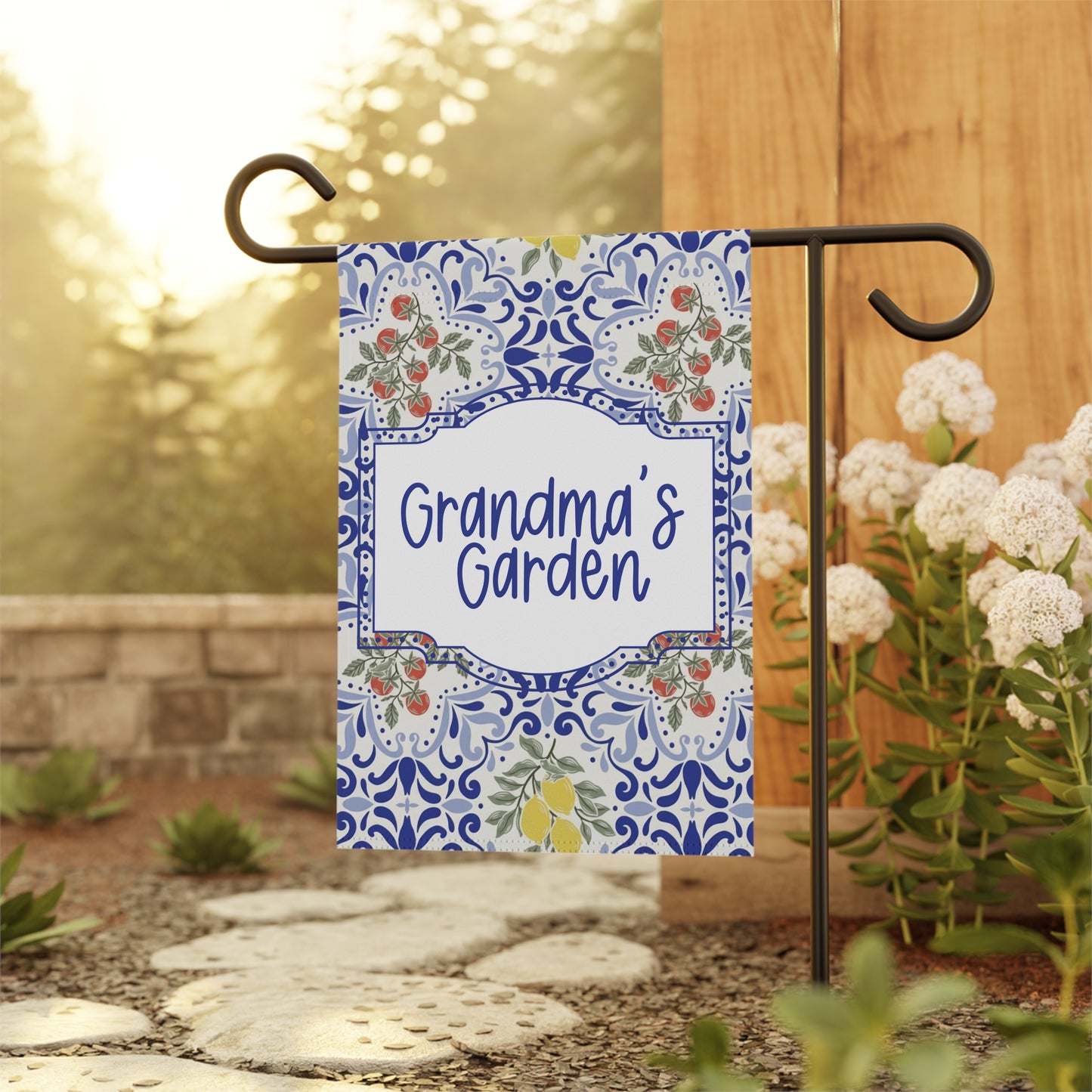Grandma's Garden Blue Tile Garden Flag