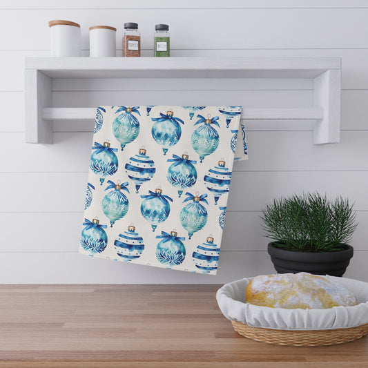 Blue Watercolor Christmas Ornaments Tea Towel | Holiday Kitchen Decor