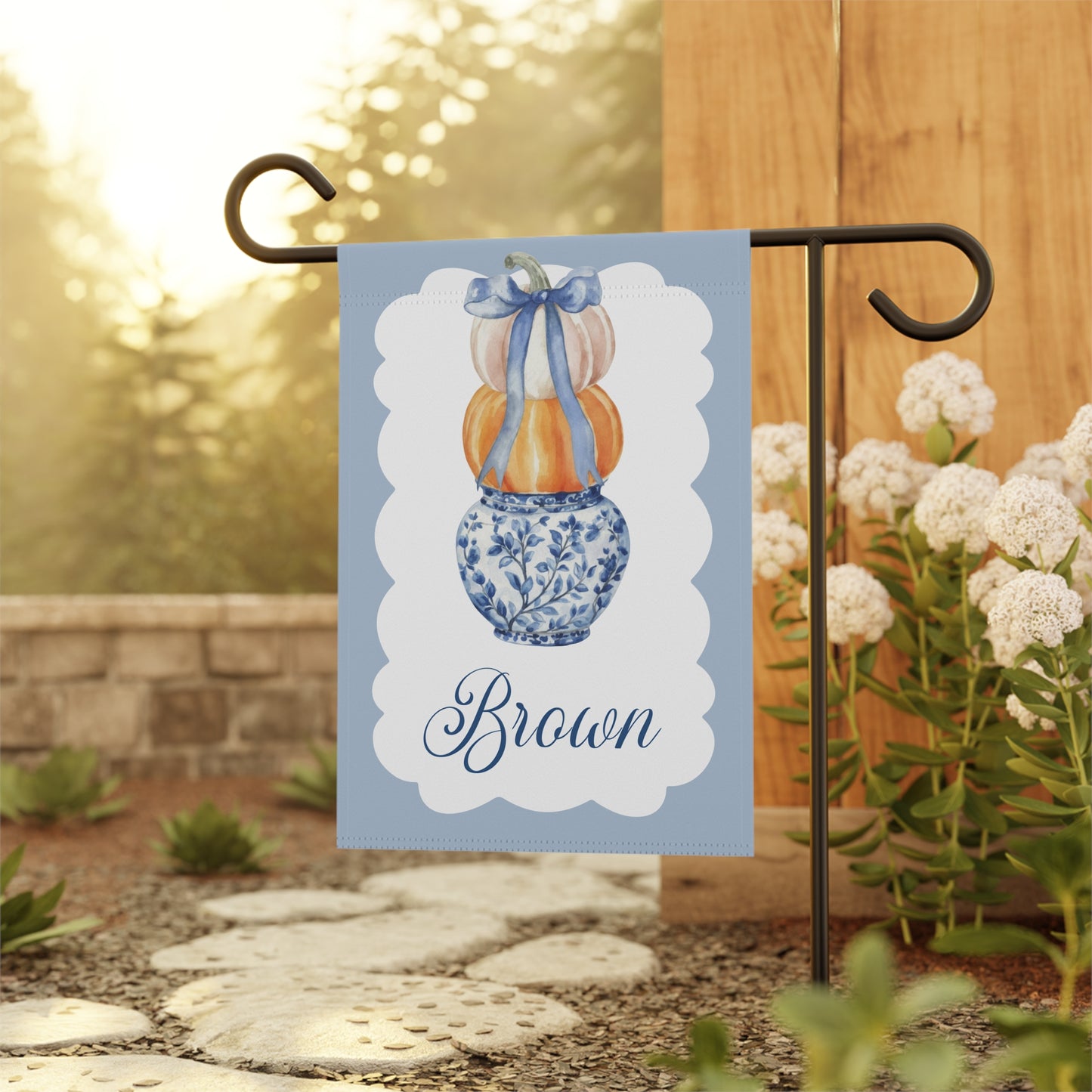 Blue Chinoiserie Pumpkin Stack Garden Flag | Garden Banner