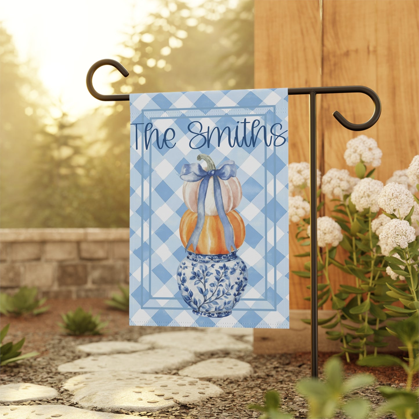Blue Gingham Pumpkin Stack Garden Flag | Garden Banner