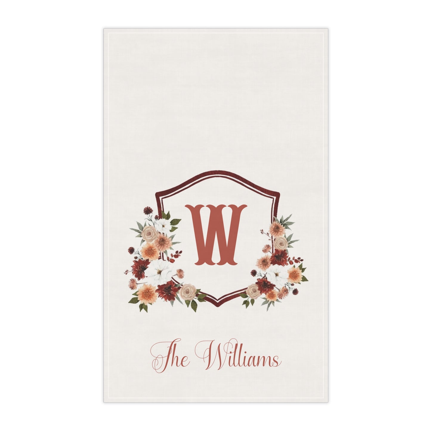 Monogram W Floral Crest Tea Towel | Personalized Kitchen Towel