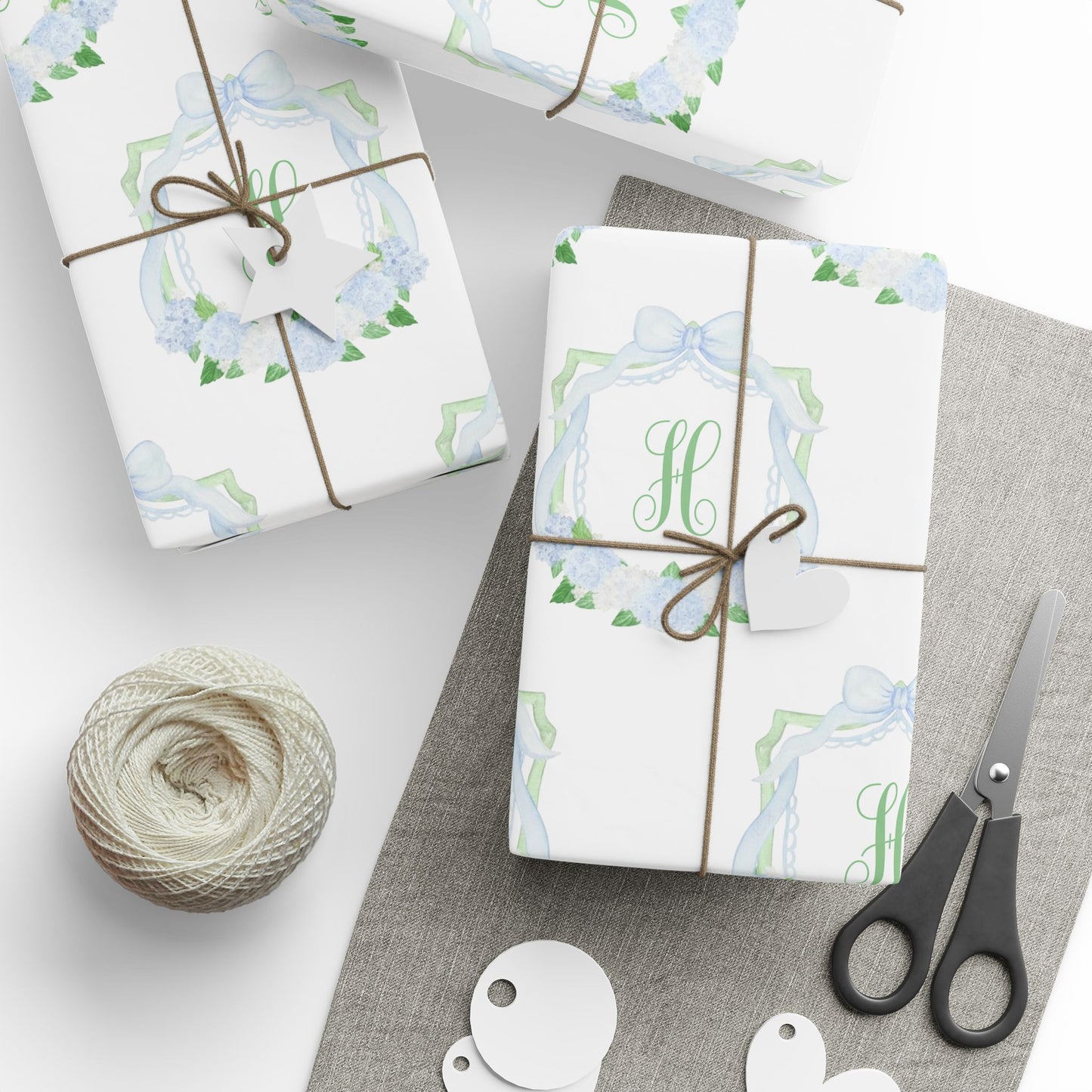 Blue Hydrangea Crest Monogram Wrapping Paper