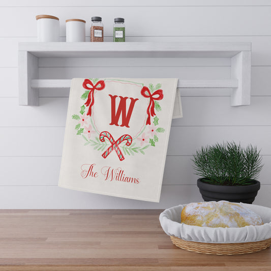 Monogram W Holiday Wreath Tea Towel | Personalized Kitchen Towel