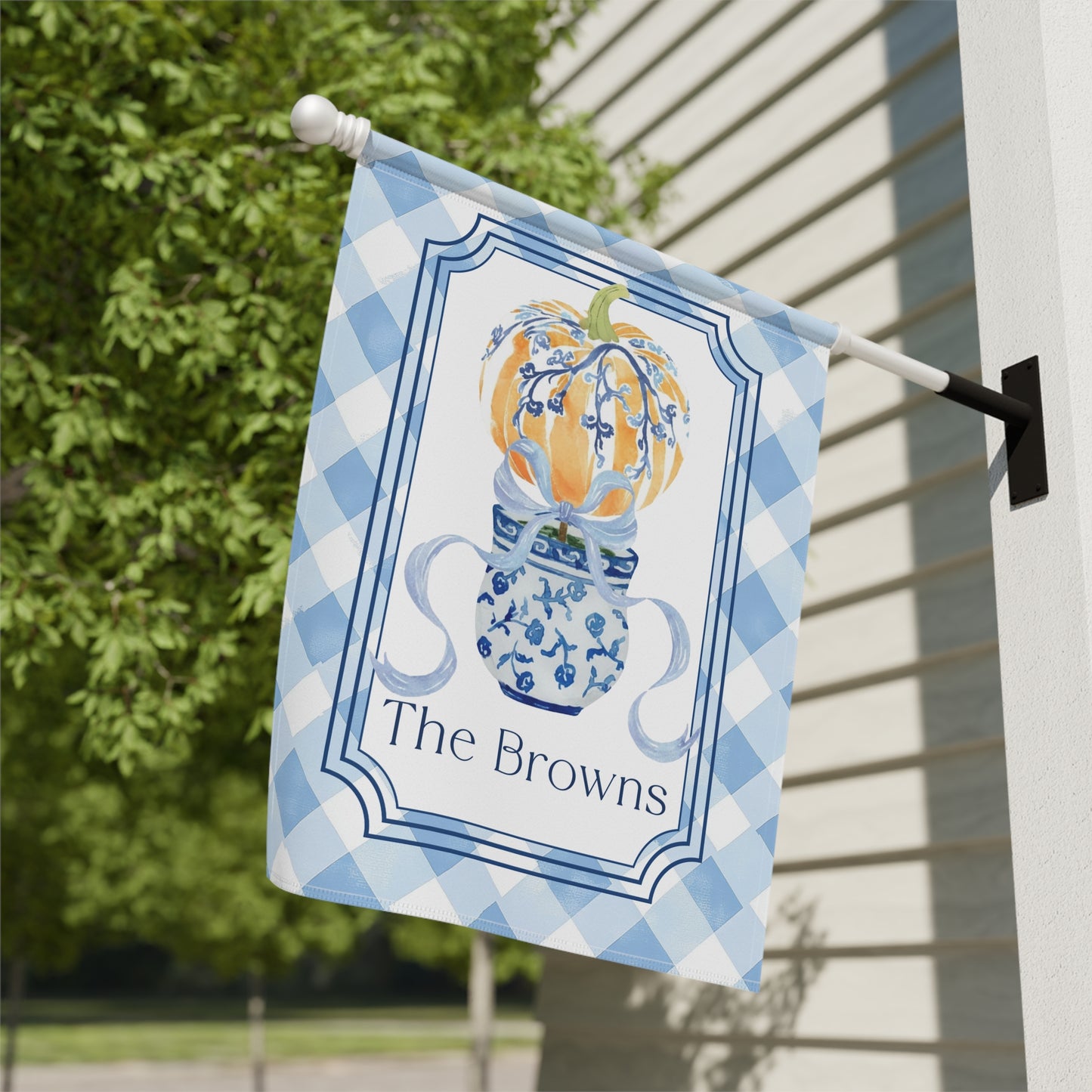 Blue Gingham Pumpkin in Blue Willow Vase Garden Flag | House Banner, Personalized Name