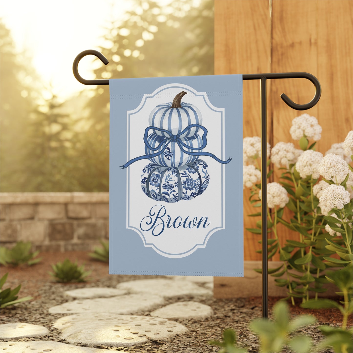 Blue Toile Pumpkins Garden Flag | House Banner, Personalized Name