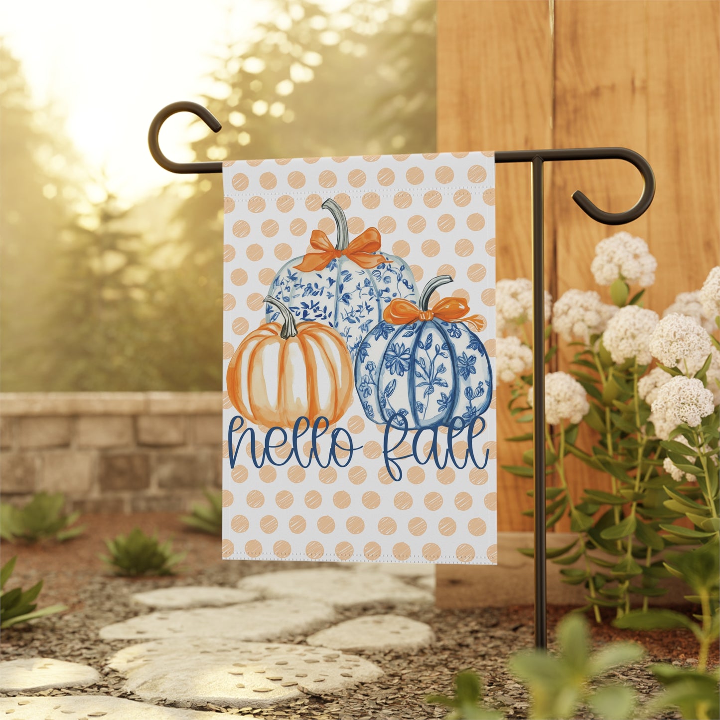 Hello Fall Pumpkin Garden Flag | Polka Dot Blue Orange Fall Yard Banner