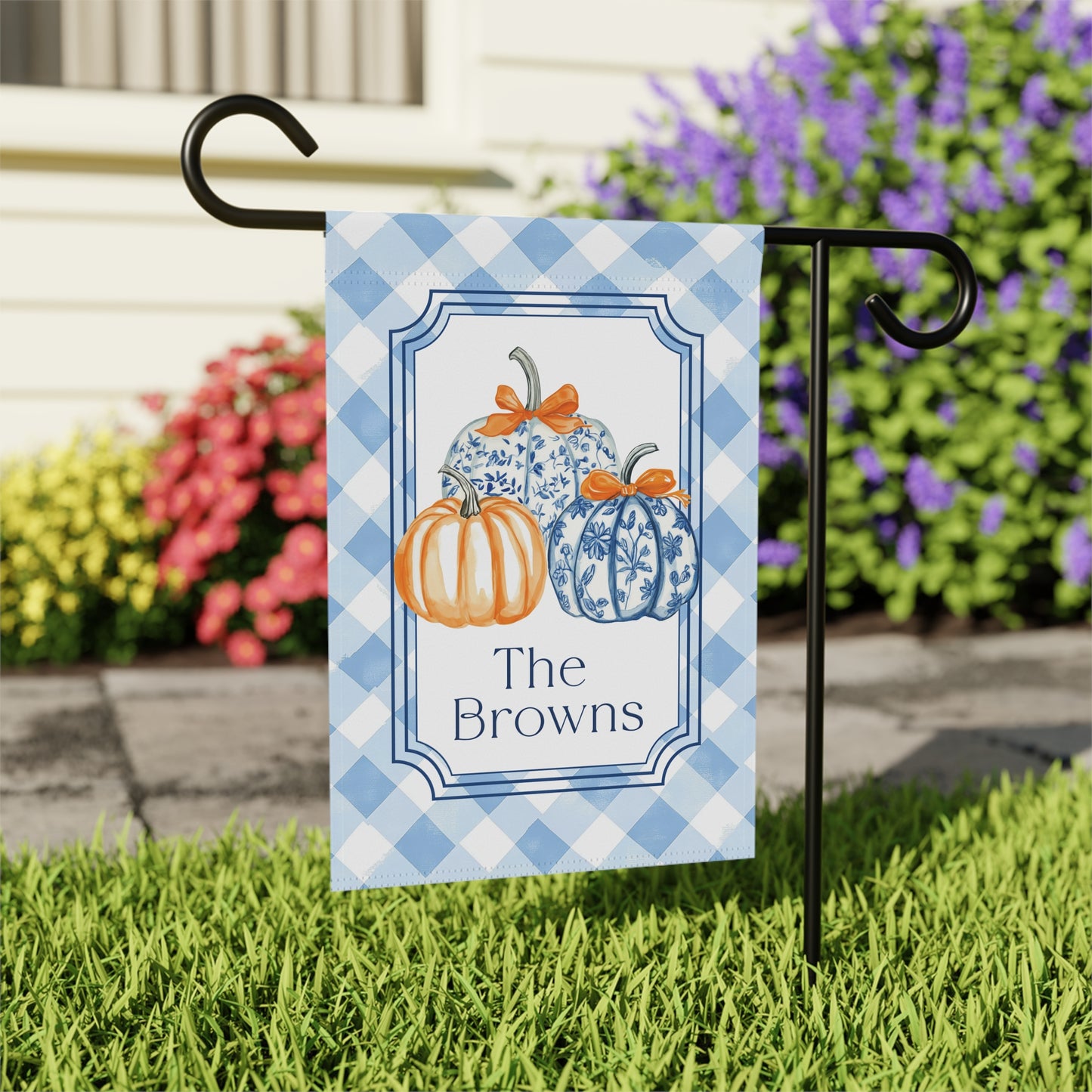 Blue Gingham Pumpkins Garden Flag | House Banner